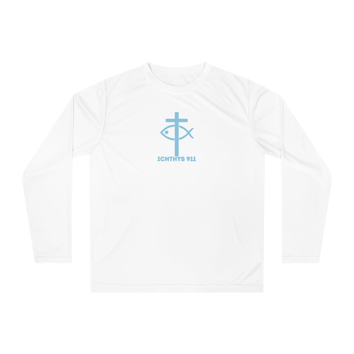 ICHTHYS 911 - Blue Font "13th Disciple" Unisex Performance Long Sleeve Shirt - 100% Moisture-Wicking Polyester - Men - Women - Christian Activewear Blue Font