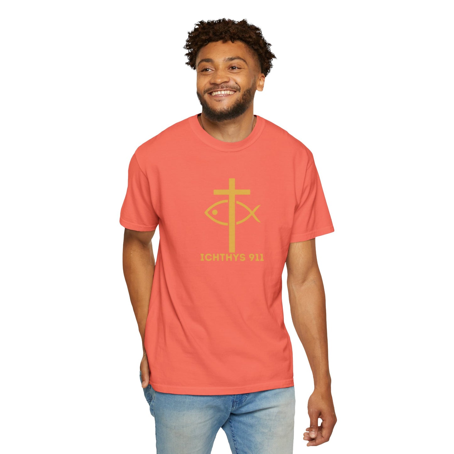Iēsous Christos, Theou Yios, Sōtēr = Jesus Christ, Son of God, Savior - Gold Font - Unisex Garment Dyed T- Shirt - Men T-Shirt - Women T-Shirt - Christian Streetwear T-Shirt – Jesus Gym & Faith Fashion,ICHTHYS 911 -