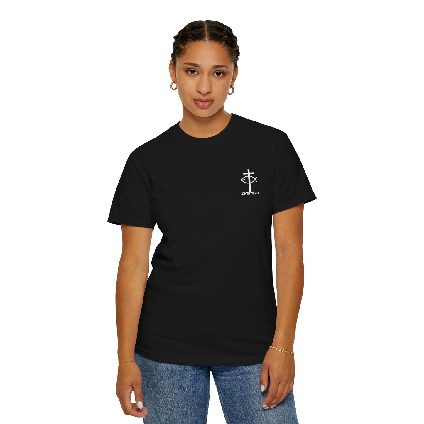 ICHTHYS 911 Badge Collection - White Font - Unisex  Garment Dyed T-Shirt - 100% US Cotton - Men T-Shirt - Women T-Shirt - Christian Graphic Tee - Gym - T - Christian Faith - Jesus Wear - White Font