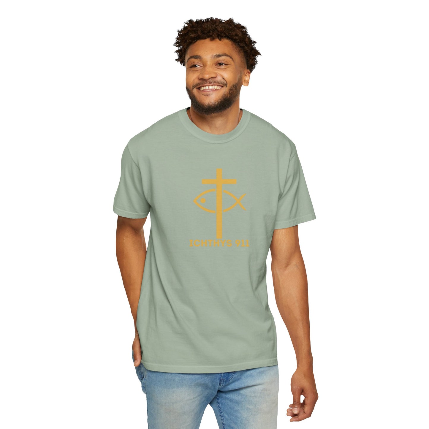 Iēsous Christos, Theou Yios, Sōtēr = Jesus Christ, Son of God, Savior - Gold Font - Unisex Garment Dyed T- Shirt - Men T-Shirt - Women T-Shirt - Christian Streetwear T-Shirt – Jesus Gym & Faith Fashion,ICHTHYS 911 -