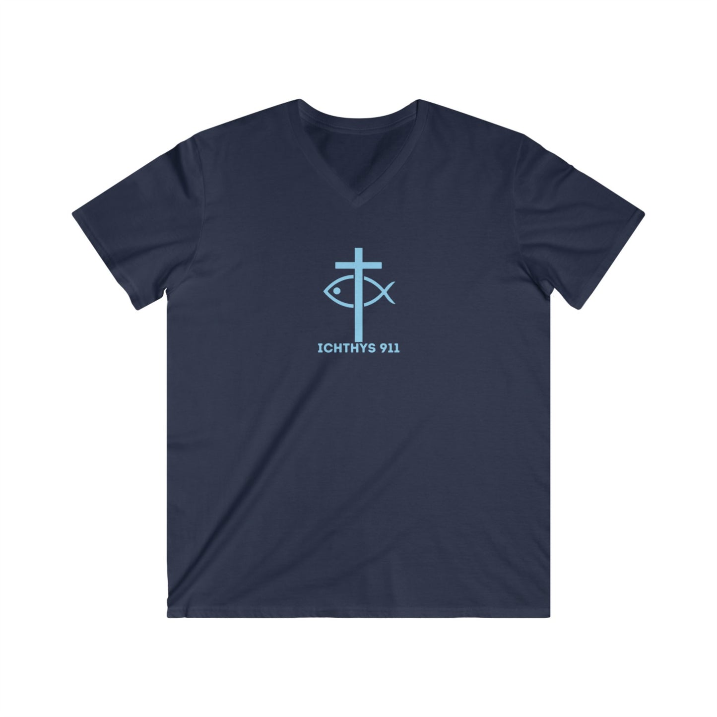 ICHTHYS 911 - "Authentic Collection" - Blue Font - Men's Fitted V-Neck Tee - Casual Comfort for Everyday Wear