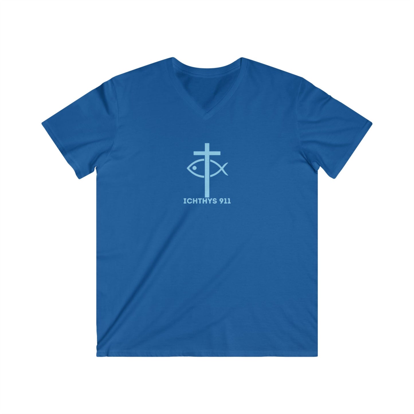 ICHTHYS 911 - "Authentic Collection" - Blue Font - Men's Fitted V-Neck Tee - Casual Comfort for Everyday Wear