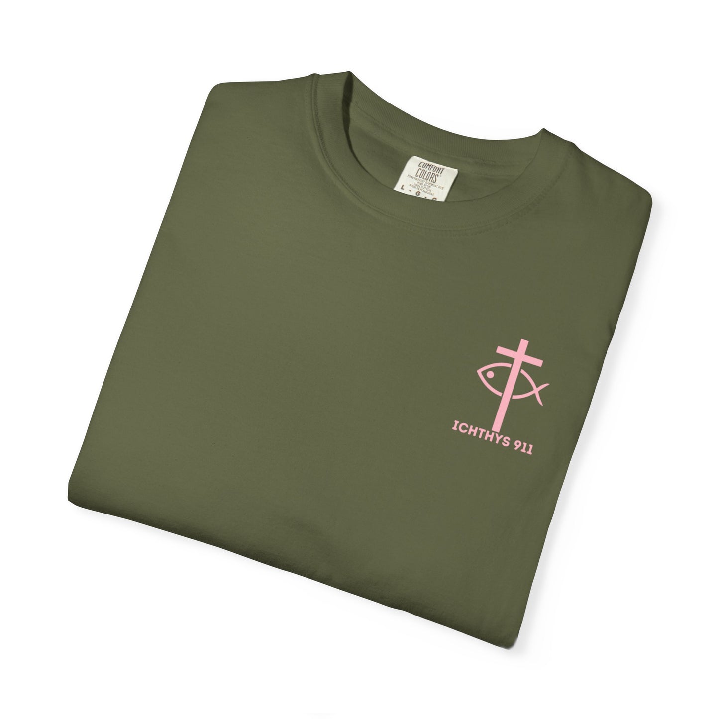 ICHTHYS 911 Pink Font "Badge Collection" - Unisex Garment Dyed T-Shirt 100% US Cotton - Christian Graphic Tee - Gym - T - Christian Faith - Jesus Wear - Women T-Shirt - Men T-Shirt - Garment Dyed