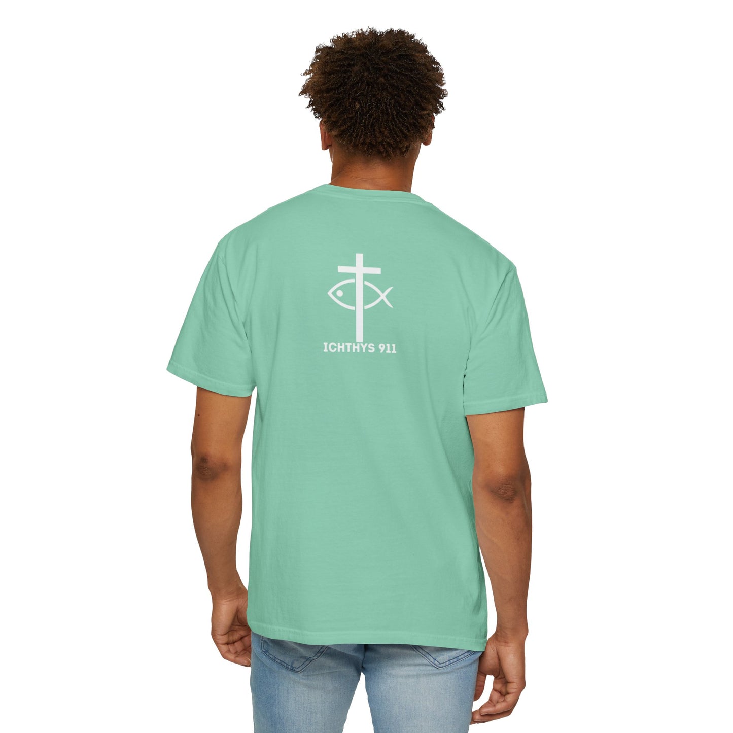 ICHTHYS 911 - "God Sees the Heart" Reverse Design - White Font - Unisex Garment - Dyed T-Shirt - 100% US Cotton - Men T-Shirt - Women T-Shirt - Inspirational Graphic T-Shirt for Everyday Motivation