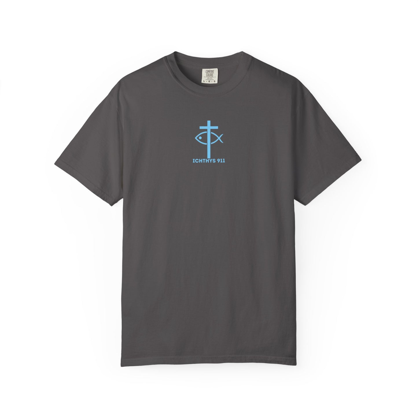 ICHTHYS 911 - "ICHTHYS Round" Blue Font  - Christian Streetwear T-Shirt  – Unisex Garment-Dyed T-Shirt - Men T-Shirt - Women T-Shirt - Jesus Gym & Faith Fashion,