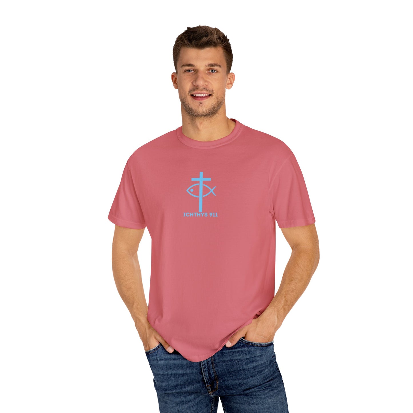 ICHTHYS 911 - "Jesus Christ Son of God Savior" Blue Font - Christian Streetwear T-Shirt – Jesus Gym & Faith Fashion, Unisex Garment-Dyed T-Shirt Blue Font