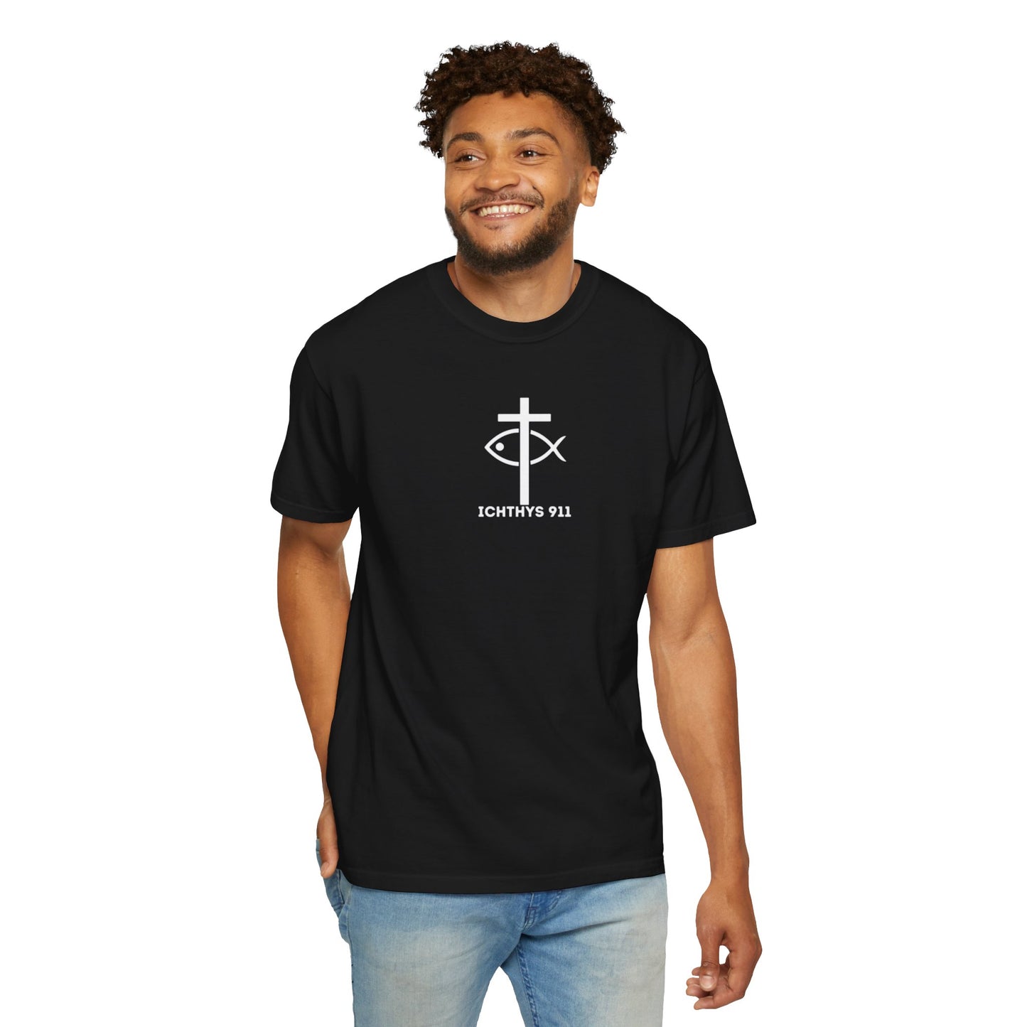 ICHTHYS 911 - White Font "Authentic" - Unisex - Men T-Shirt - Women T-Shirt - Christian Streetwear T-Shirt - Jesus Gym & Faith Fashion, Unisex Garment-Dyed T-Shirt