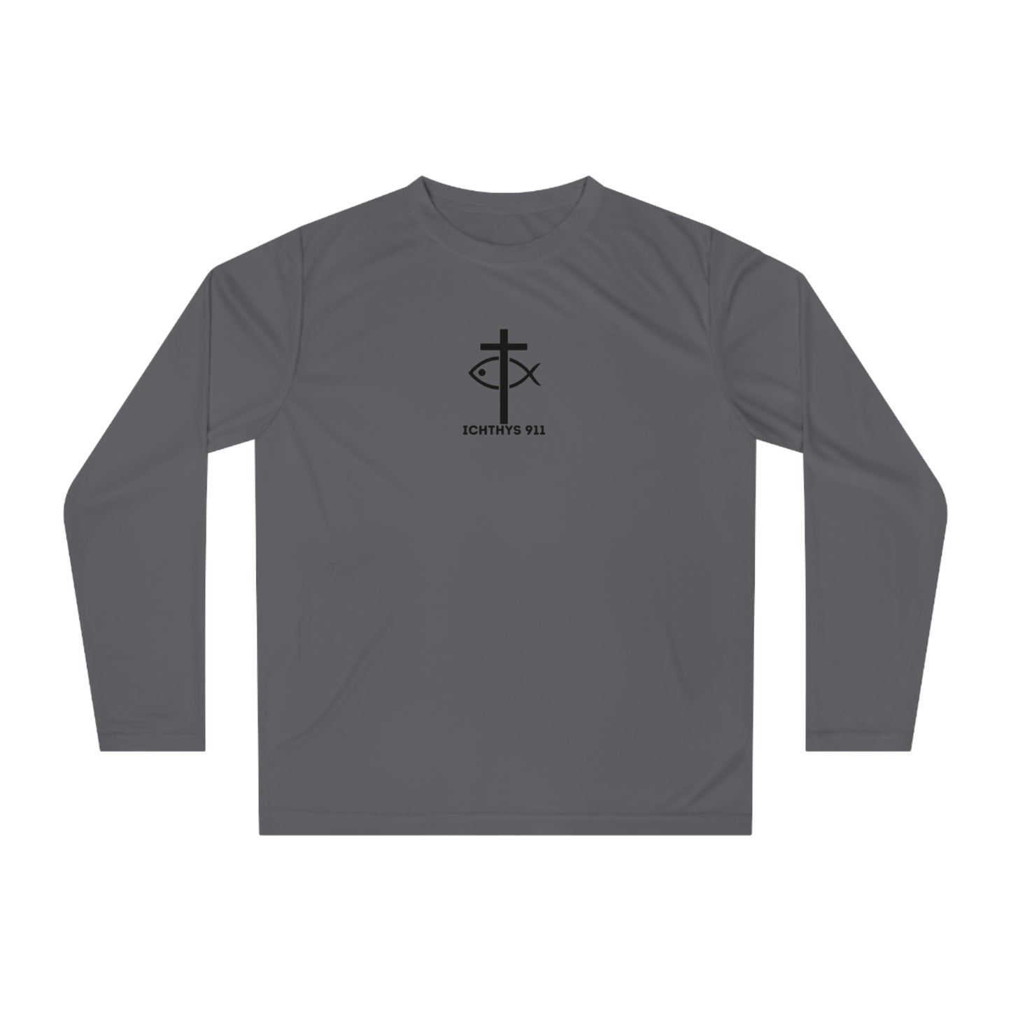 ICHTHYS 911 "Faith & Strength" Black Font - Unisex Performance Long Sleeve Shirt - Christian Activewear - Men - Women -100% Moisture-Wicking Poly