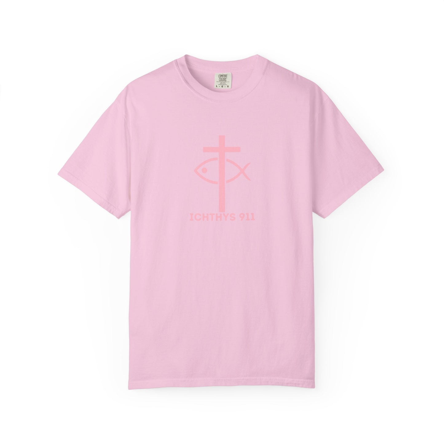 ICHTHYS 911 - Authentic - Christian Streetwear T-Shirt / Sweatshirt – Jesus Gym & Faith Fashion, Unisex Garment-Dyed T-Shirt Soft Pink Font