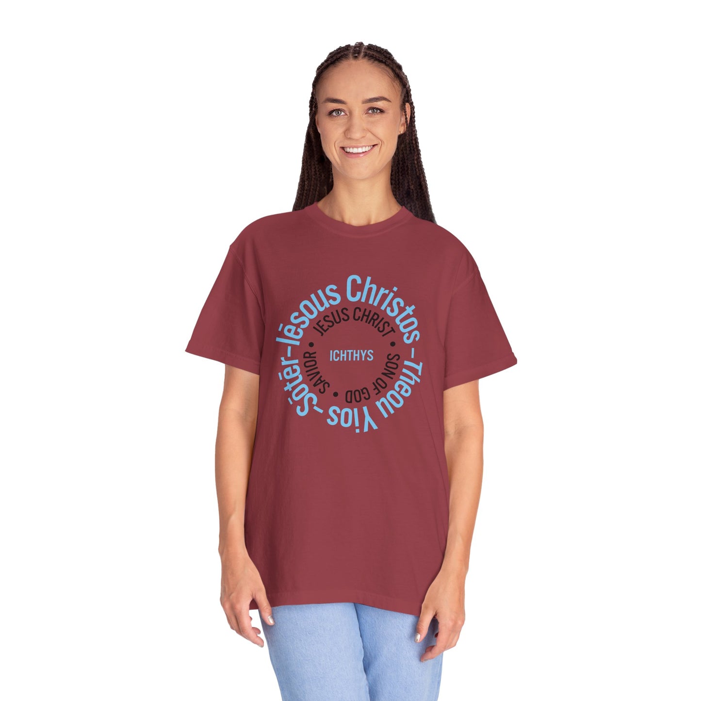 ICHTHYS 911 Blue & Black Font "Iēsous Christos, Theou Yios, Sōtēr" - Collection - Reverse Design - Unisex Garment Dyed - 100% US Cotton - Christian Graphic Tee - Gym - T - Christian Faith - Jesus Wear - Women T-Shirt - Men T-Shirt