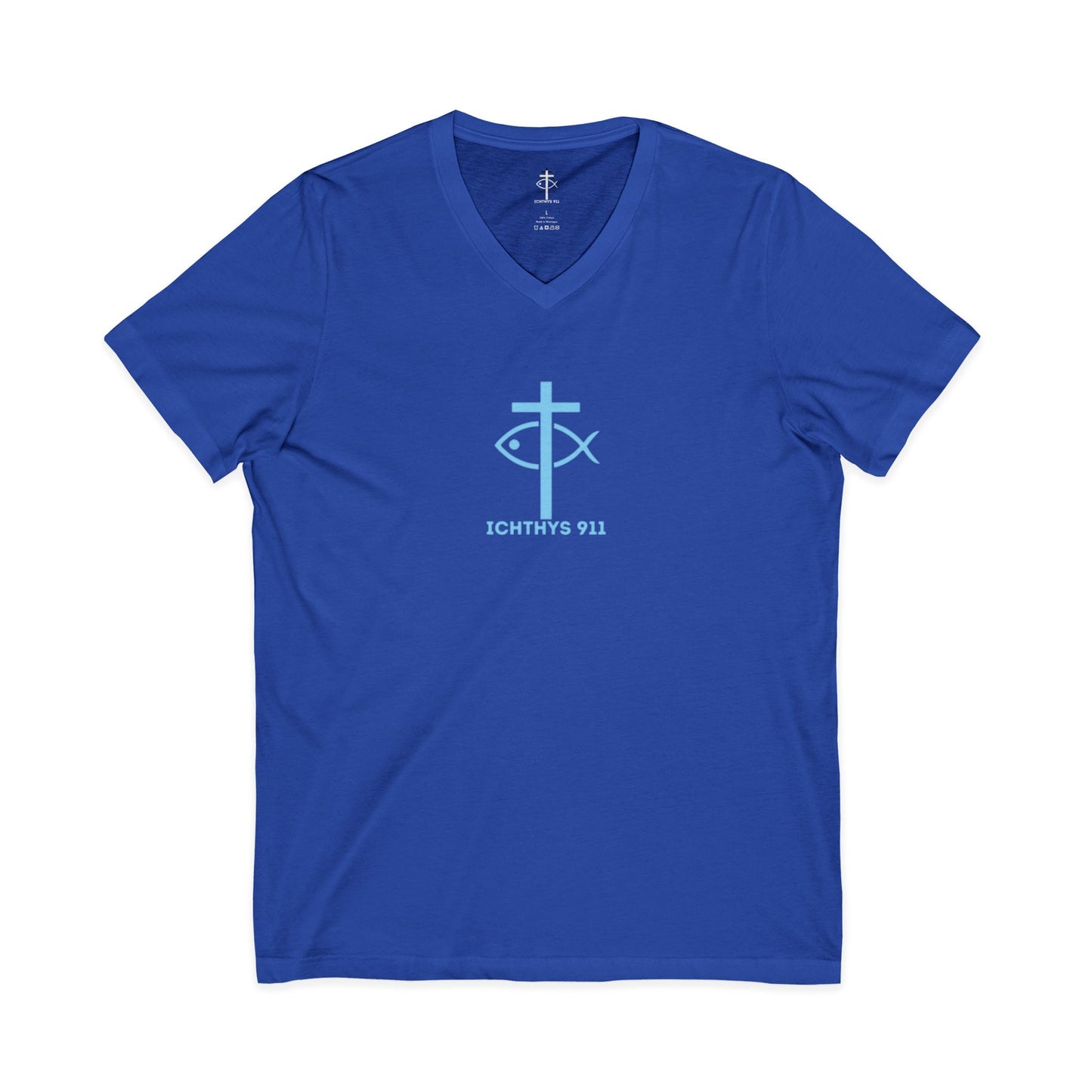 Jesus Is His Name, Saving Souls For Eternity is His Game - Blue Font - V-Neck - Unisex -Men T-Shirt - Women T-Shirt - Christian T - Faith-Inspired Unisex V-Neck Tee - Perfect for Christians - ICHTHYS 911 Design
