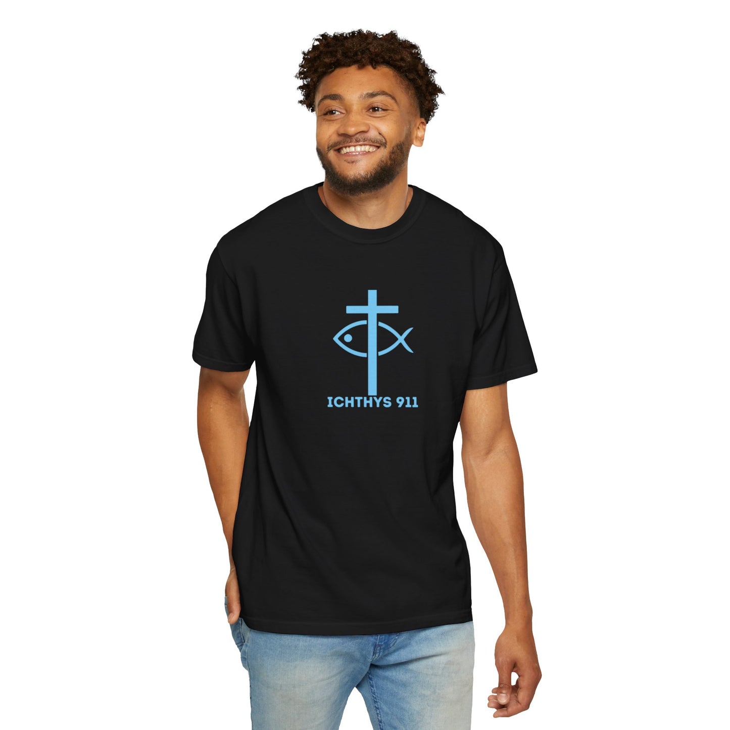 Jesus Christ Son of God Savior - Blue Font - Unisex Garment Dyed T- Shirt - Men T-Shirt - Women T-Shirt - Christian Streetwear T-Shirt – Jesus Gym & Faith Fashion - ICHTHYS 911