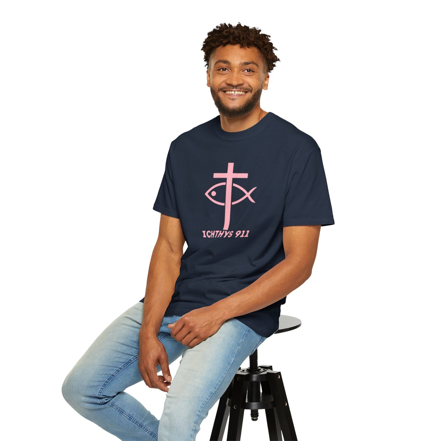 ICHTHYS 911 - Authentic - W/O IC 911 on Back -Christian Streetwear T-Shirt – Jesus Gym & Faith Fashion, Unisex Garment-Dyed T-Shirt Soft Pink Font