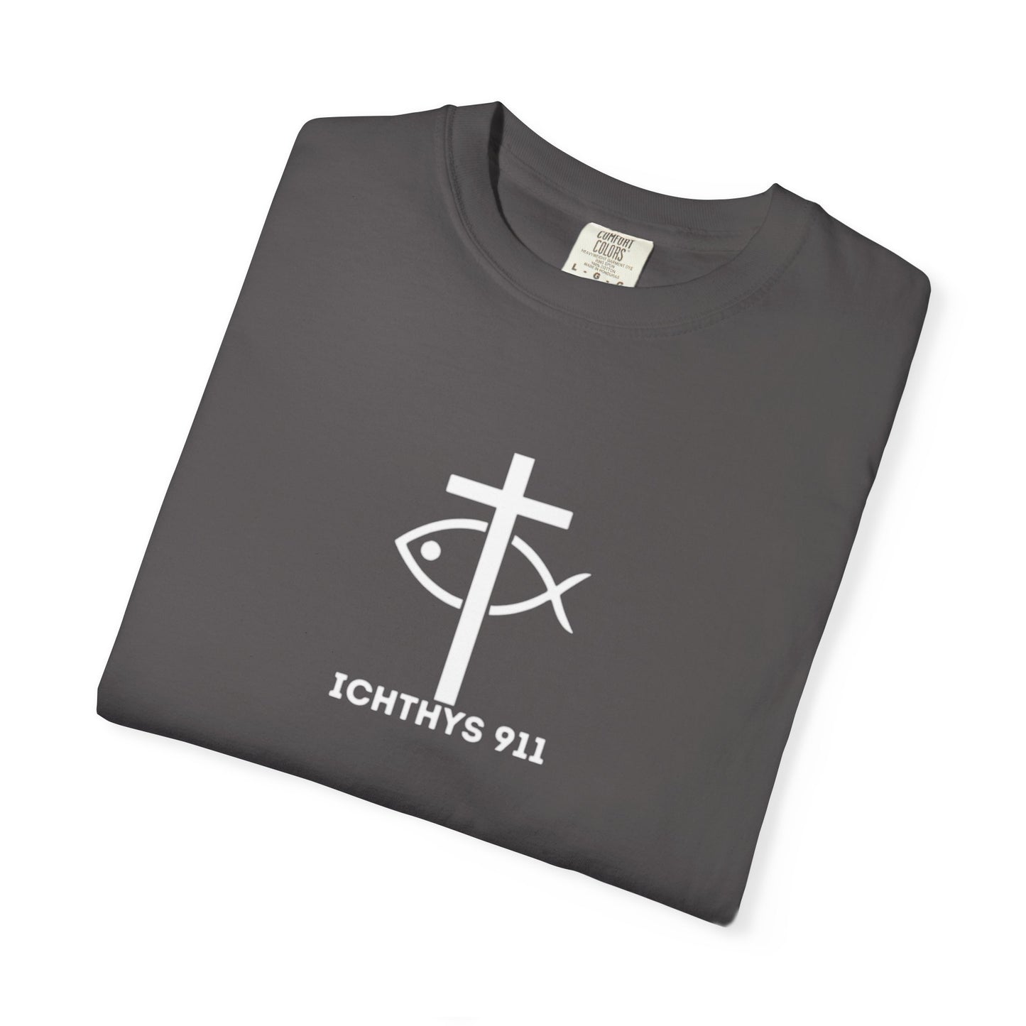 ICHTHYS 911 - 13th Disciple Collection - Christian Streetwear T-Shirt / Sweatshirt – Jesus Gym & Faith Fashion, Unisex Garment-Dyed T-Shirt White Font