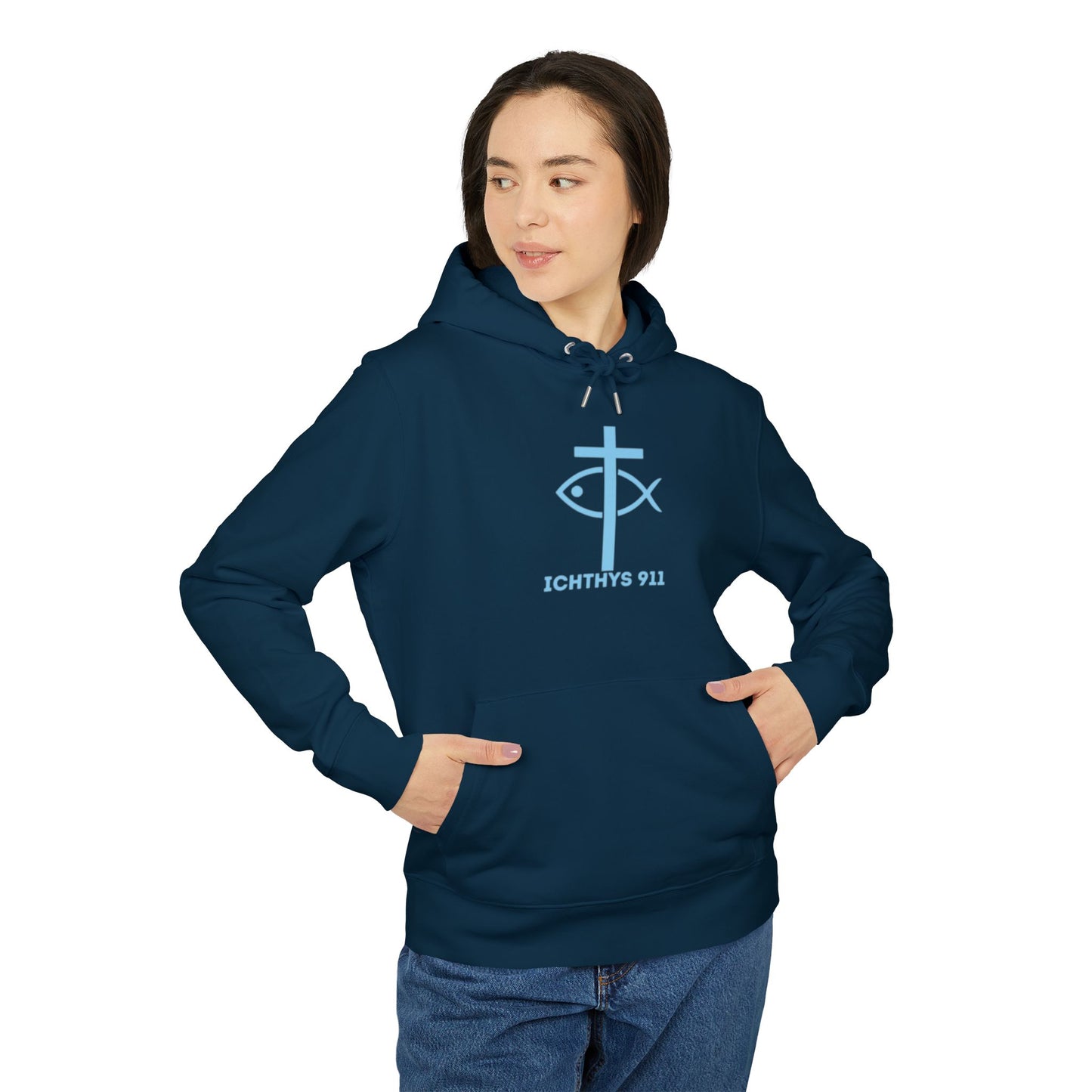 Iēsous Christos, Theou Yios, Sōtēr = Jesus Christ, Son of God, Savior - Unisex - Blue Font - Sweatshirt - ICHTHYS 911 - Hoodie -100% Organic- Heavy
