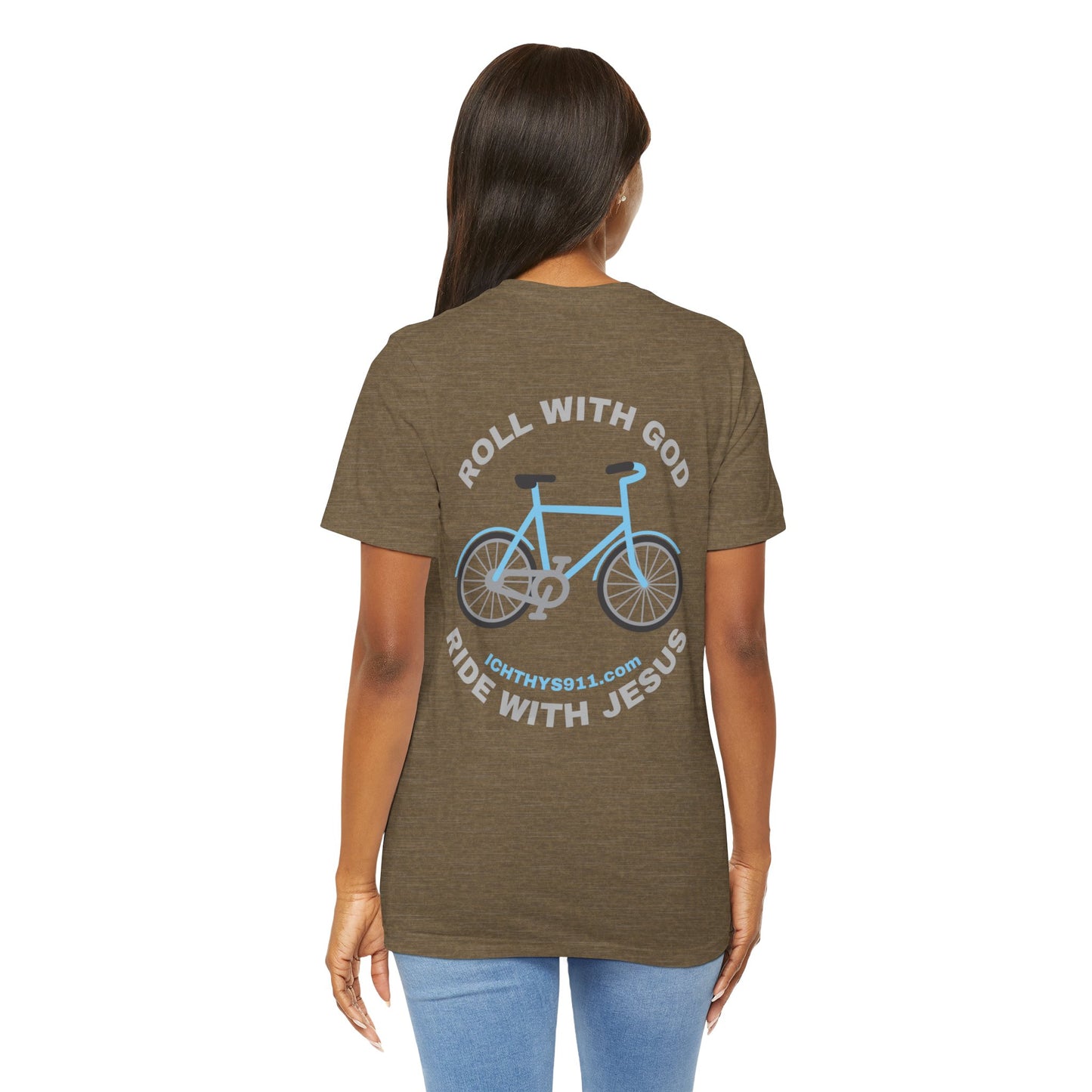 ICHTHYS 911 - "Roll With God Ride With Jesus" - Silver Font - Unisex T- Shirt - Lightweight 100% Cotton - Summer T - Arm Form Fitting - Men T- Shirt - Women T-Shirt - Christian T-Shirt
