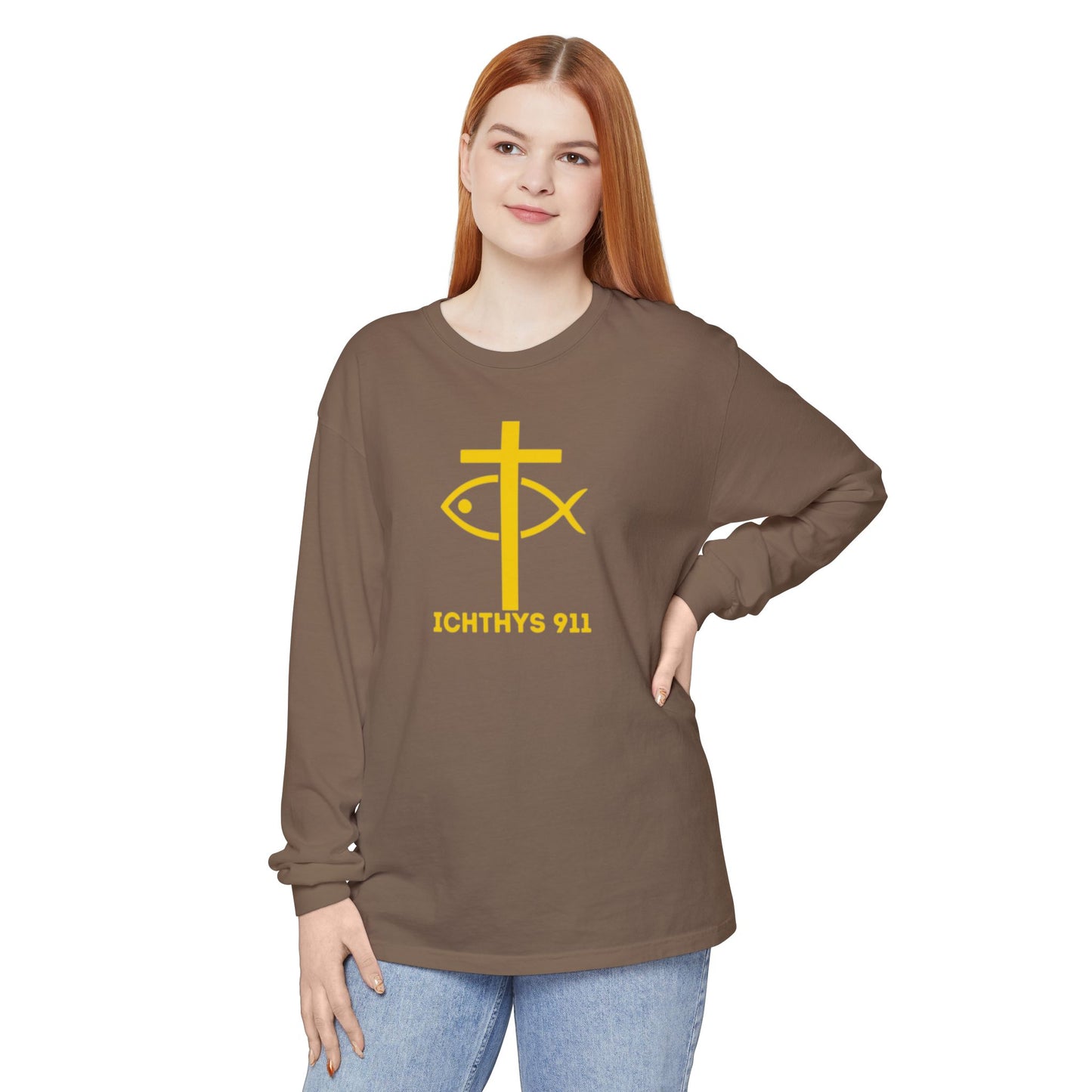 Authentic ICHTHYS 911 Collection -  Gold Font - Unisex Garment Dyed Long Sleeve T-Shirt - Men Long Sleeve - Women Long Sleeve - Christian Faith Symbol Tee - Faith Inspired