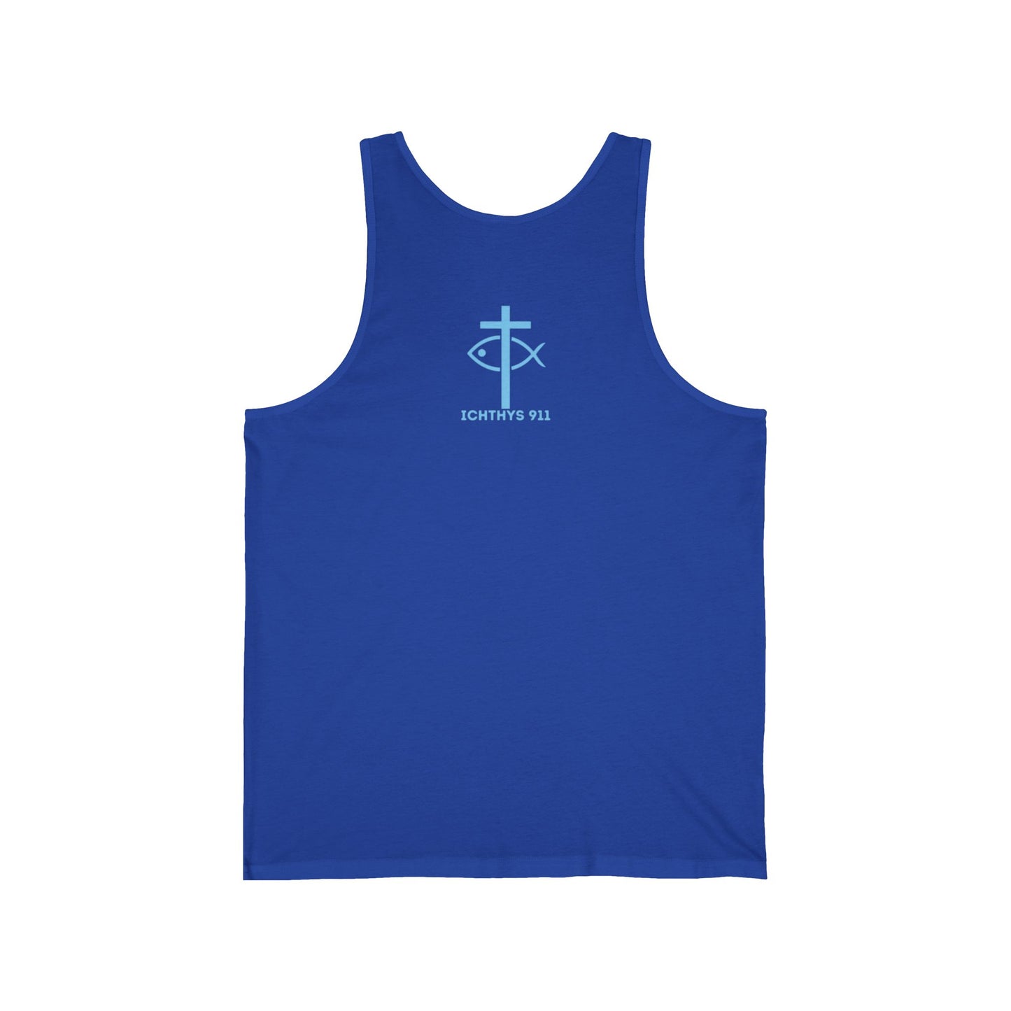 ICHTHYS 911 - Blue Font -"Iēsous Christos, Theou Yios, Sōtēr" Reverse Design - Unisex - Men Tank - Women -Tank Top - Unisex Tank Top - Christian Symbol Graphic Tee