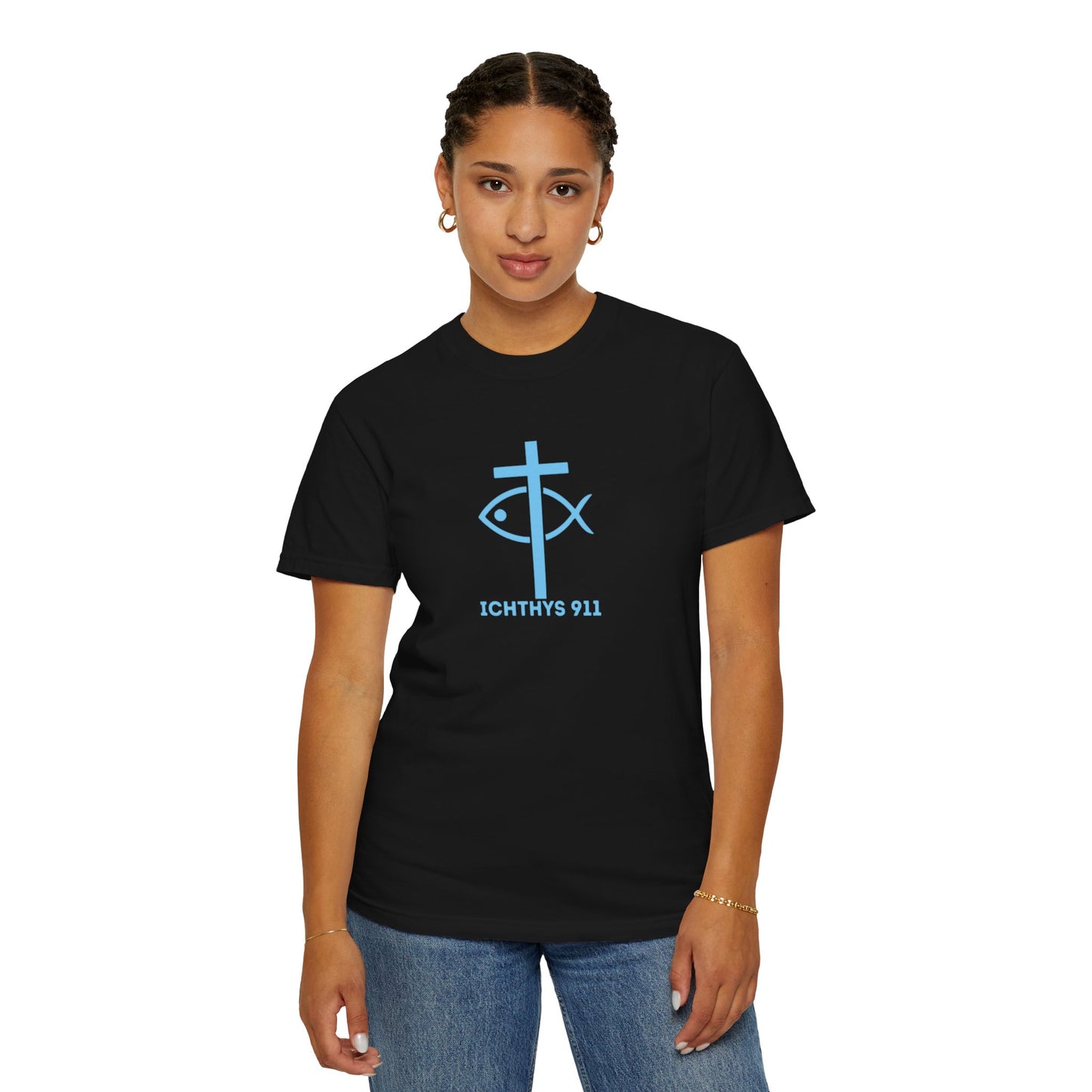 Jesus Christ Son of God Savior - Blue Font - Unisex Garment Dyed T- Shirt - Men T-Shirt - Women T-Shirt - Christian Streetwear T-Shirt – Jesus Gym & Faith Fashion - ICHTHYS 911