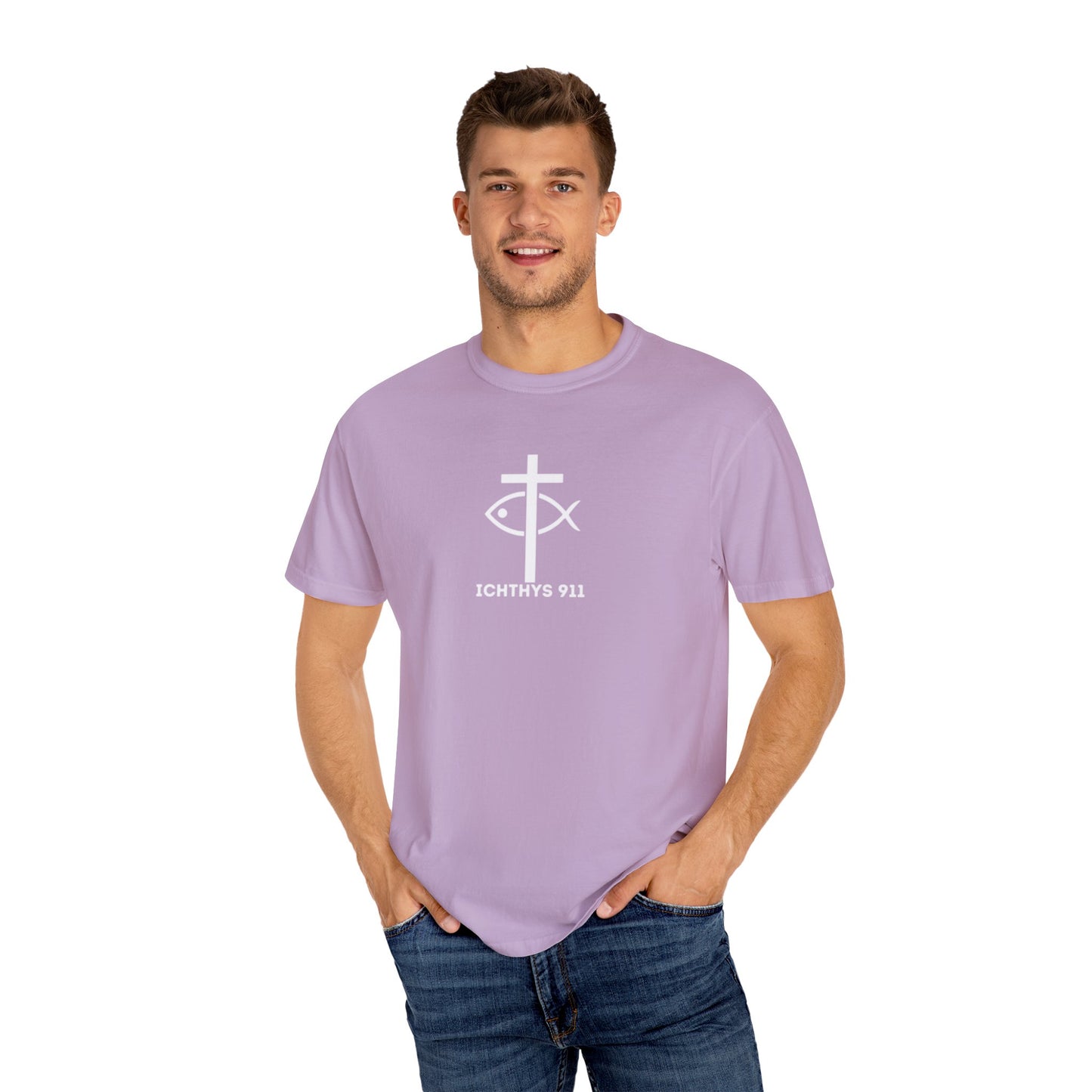 ICHTHYS 911 -  "God Sees the Heart" - White Font - Unisex Garment - Dyed T-Shirt - Inspirational Graphic T-Shirt for Everyday Motivation - 100% US cotton