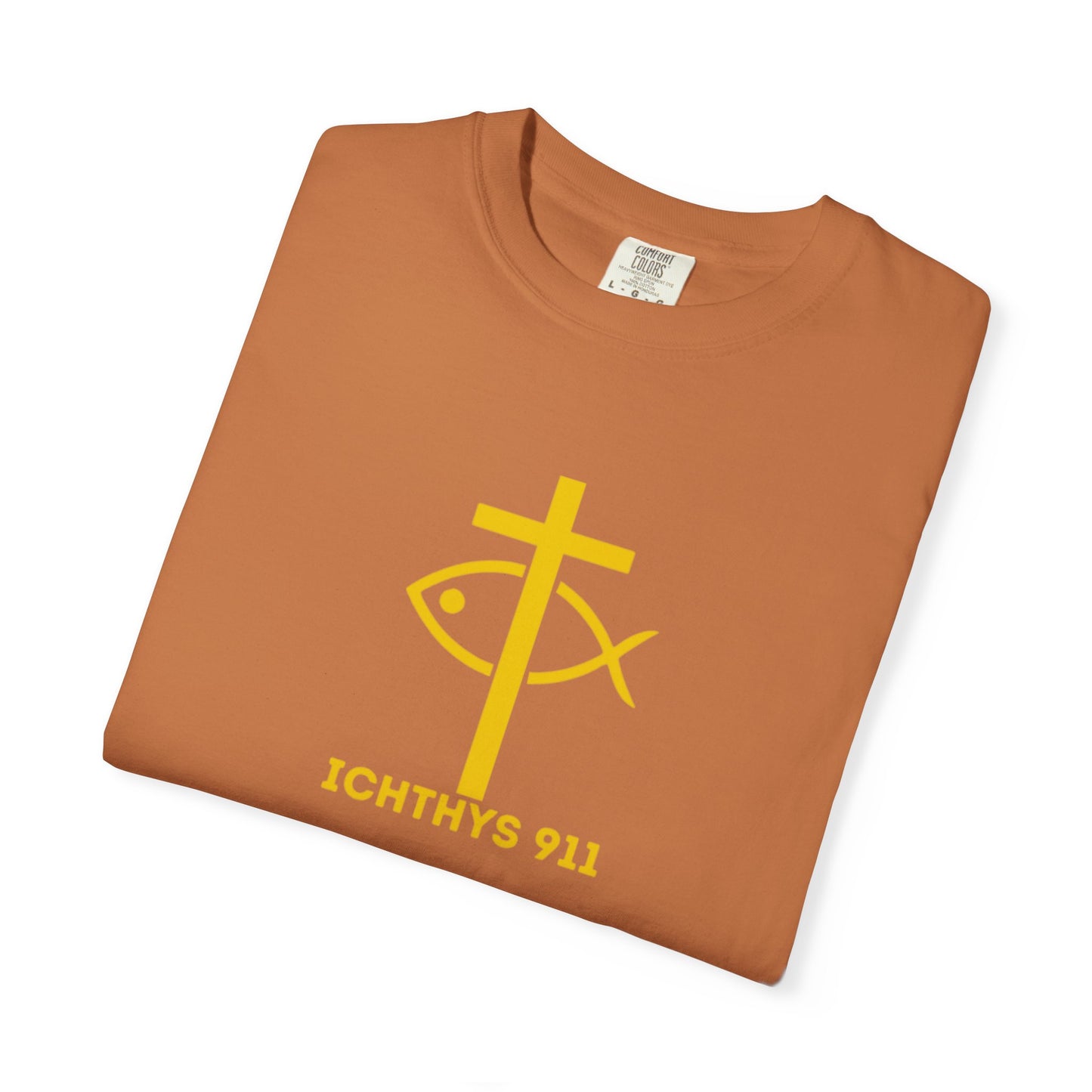 ICHTHYS 911 Gold Font "Faith, Hope, & Love" - Unisex Garment Dyed T-Shirt - 100# US Cotton - Men T-Shirt - Women T-Shirt - Christian T- Shirt -Faith-Inspired Shirt - Christian Fashion - Wear Your Faith