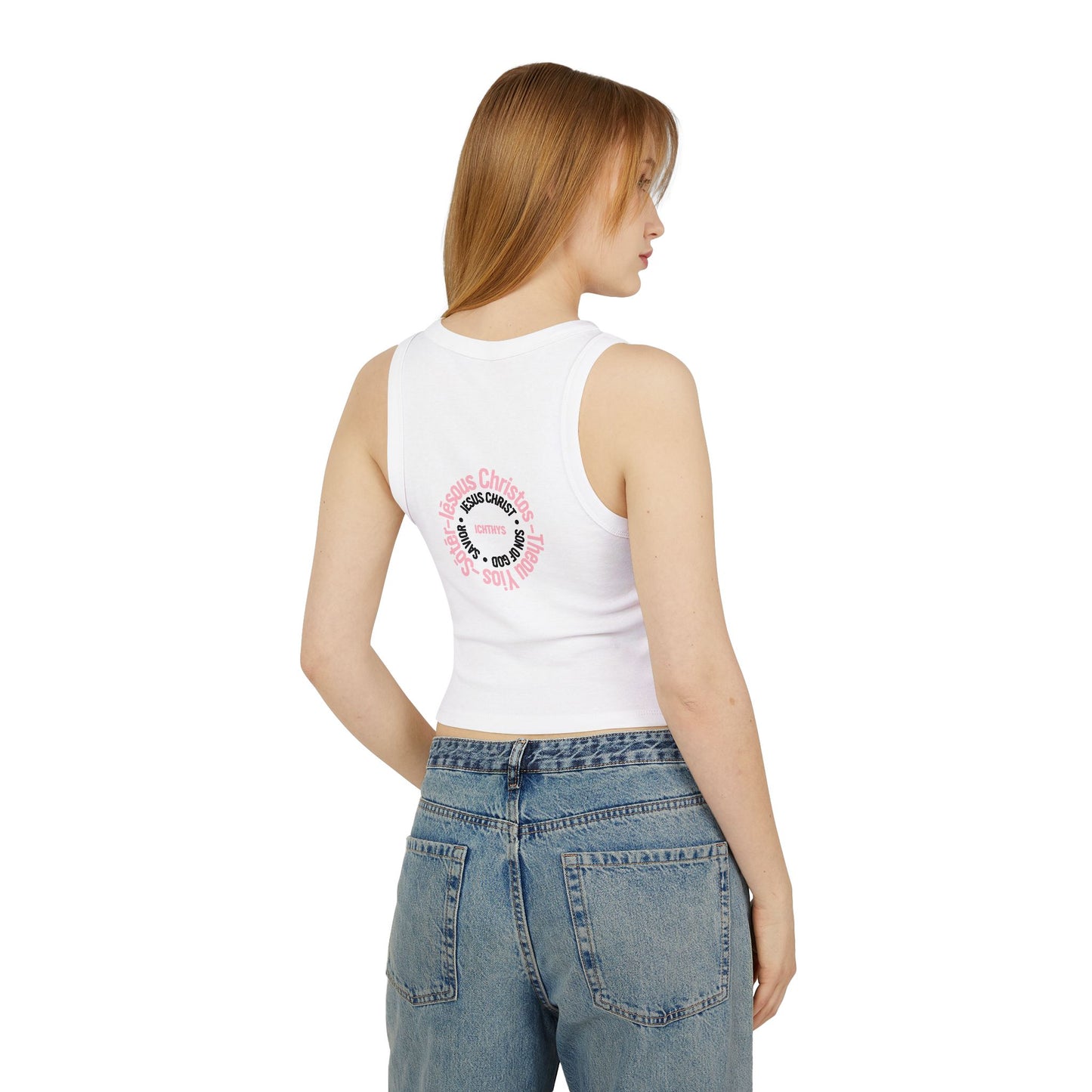 ICHTHYS 911 - Pink & Black Font "Iēsous Christos, Theou Yios, Sōtēr" - Faith-Inspired Women's Micro Rib Racer Tank Top - Cute Jesus Christ Design - Women Tank - Christian - Work Out