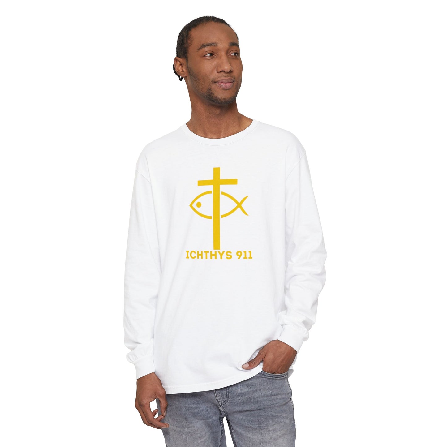 Authentic ICHTHYS 911 Collection -  Gold Font - Unisex Garment Dyed Long Sleeve T-Shirt - Men Long Sleeve - Women Long Sleeve - Christian Faith Symbol Tee - Faith Inspired