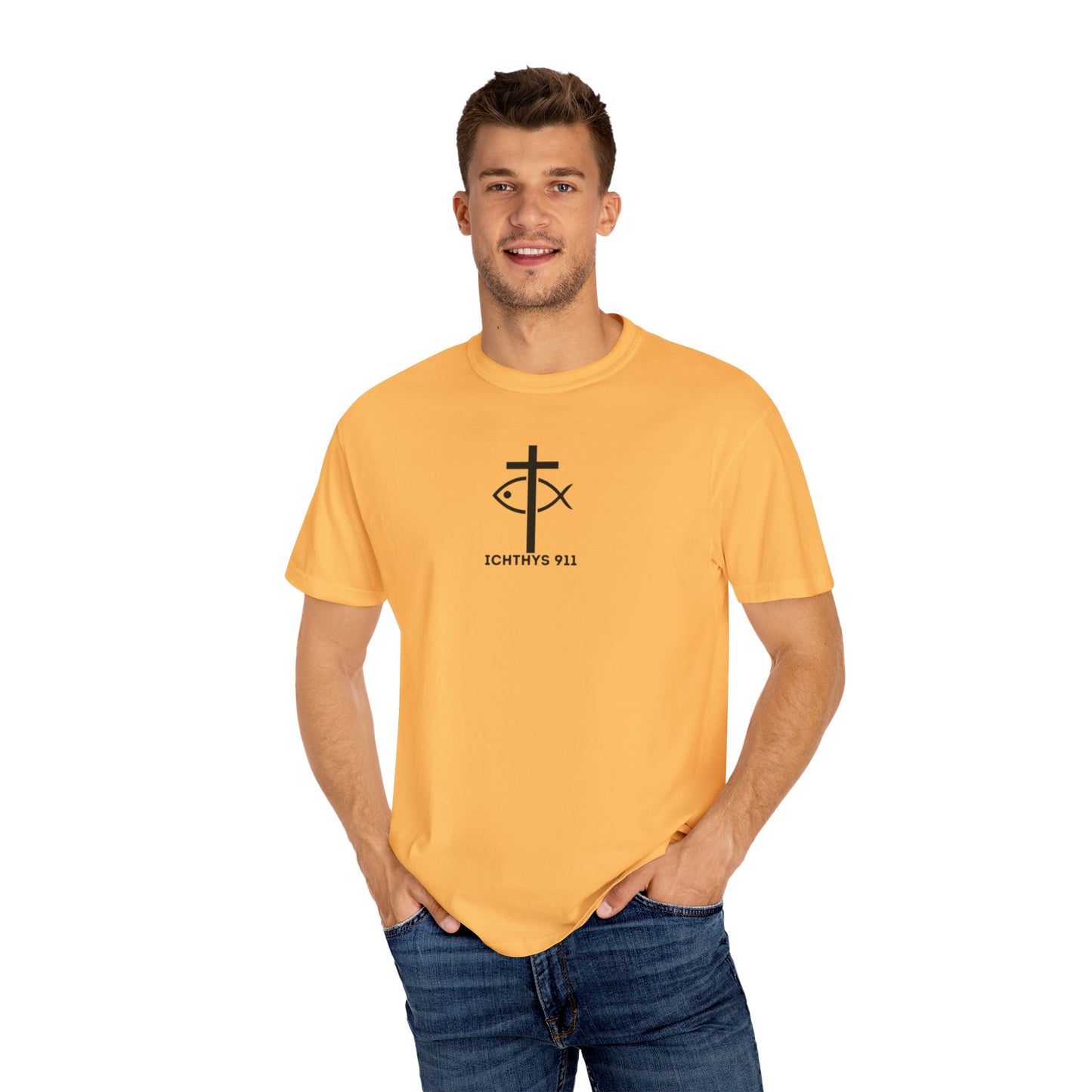 ICHTHYS 911 Black Font - "Run With Endurance Hebrews 12:1" - Unisex Garment Dyed T-Shirt -100% US Cotton - Men T-Shirt - Women T-Shirt - Bible Verse - Christian Faith - Christian Workout