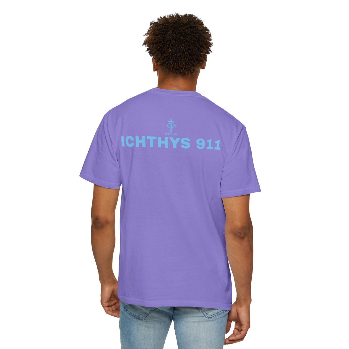 Authentic - Christian Streetwear T-Shirt – Jesus Gym & Faith Fashion, Unisex Garment-Dyed T-Shirt Blue Font - ICHTHYS 911