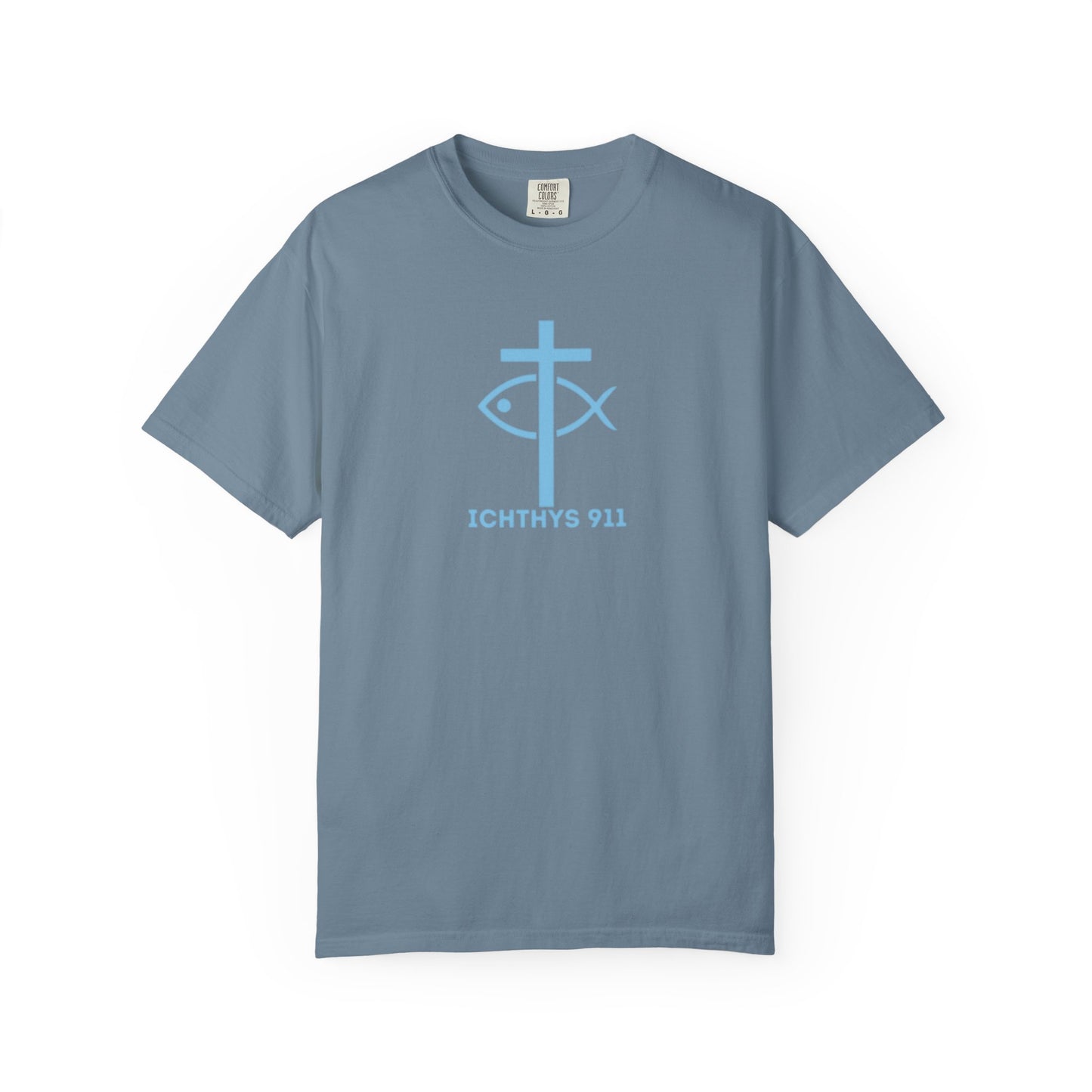 Iēsous Christos, Theou Yios, Sōtēr - Blue Font - Garment-Dyed Unisex T-Shirt - 100# US Cotton -Men T-Shirt - Women T-Shirt - Faith Inspired - Unisex Garment - ICHTHYS 911 - Blue Font - Heavy Duty Shirt