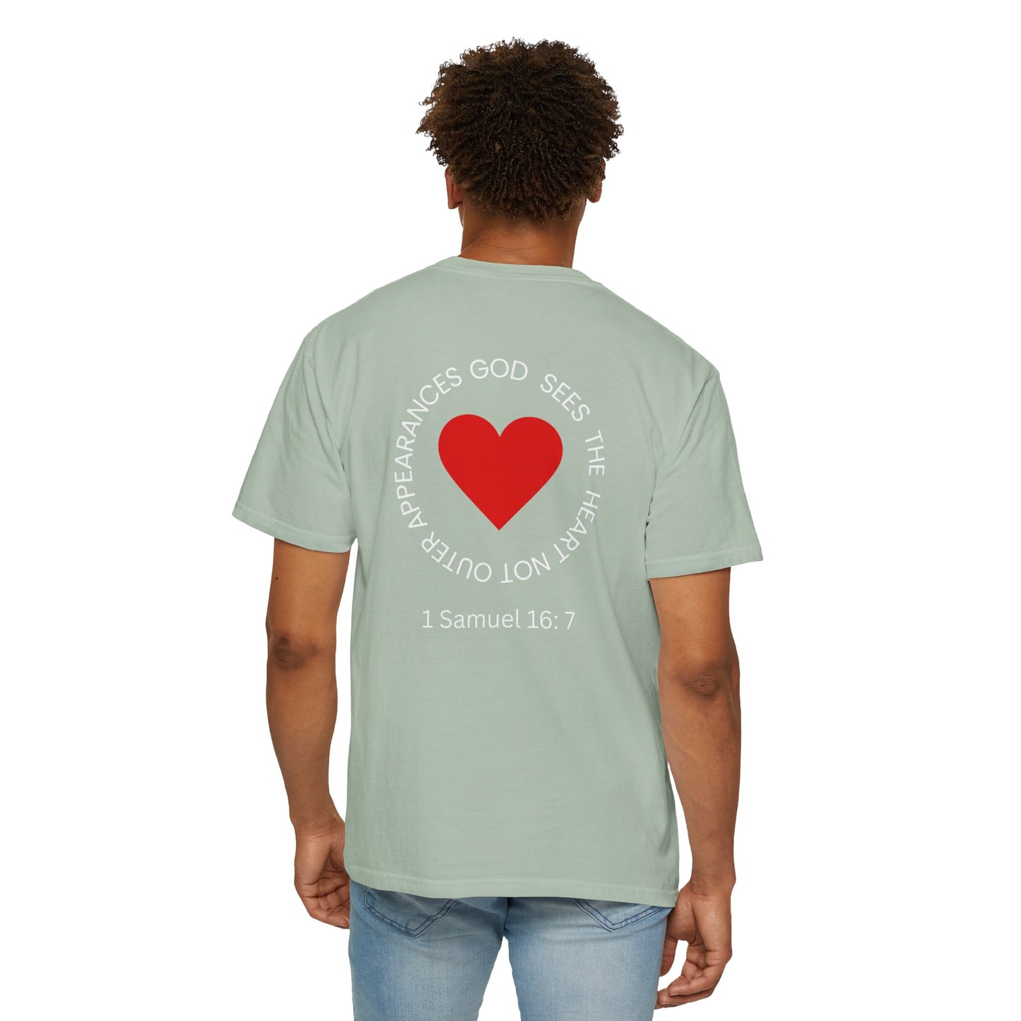 ICHTHYS 911 -  "God Sees the Heart" - White Font - Unisex Garment - Dyed T-Shirt - Inspirational Graphic T-Shirt for Everyday Motivation - 100% US cotton