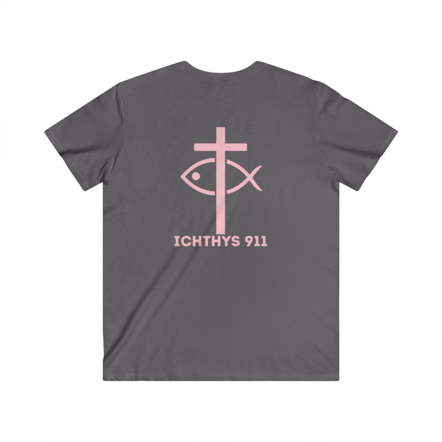 ICHTHYS 911 - Authentic Round Collection - Reverse - Men's Fitted V-Neck Short Sleeve T - Shirt - Faith-Inspired - Christian Faith - Pink Font