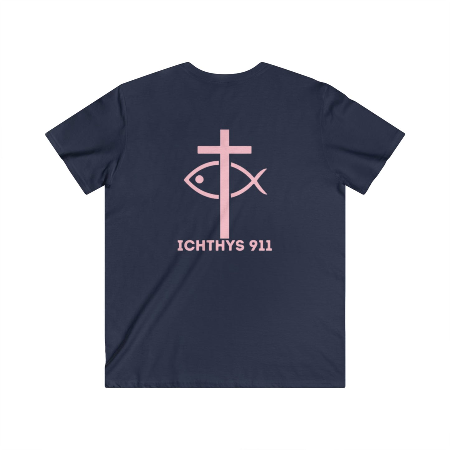 ICHTHYS 911 - Authentic Round Collection - Reverse - Men's Fitted V-Neck Short Sleeve T - Shirt - Faith-Inspired - Christian Faith - Pink Font