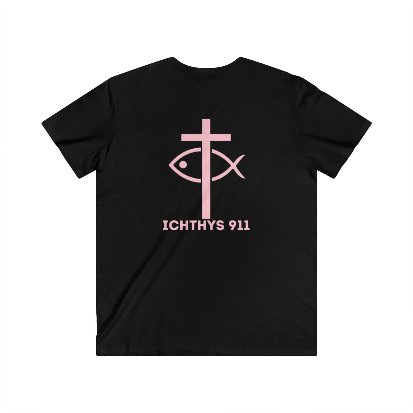 ICHTHYS 911 - Authentic Round Collection - Reverse - Men's Fitted V-Neck Short Sleeve T - Shirt - Faith-Inspired - Christian Faith - Pink Font