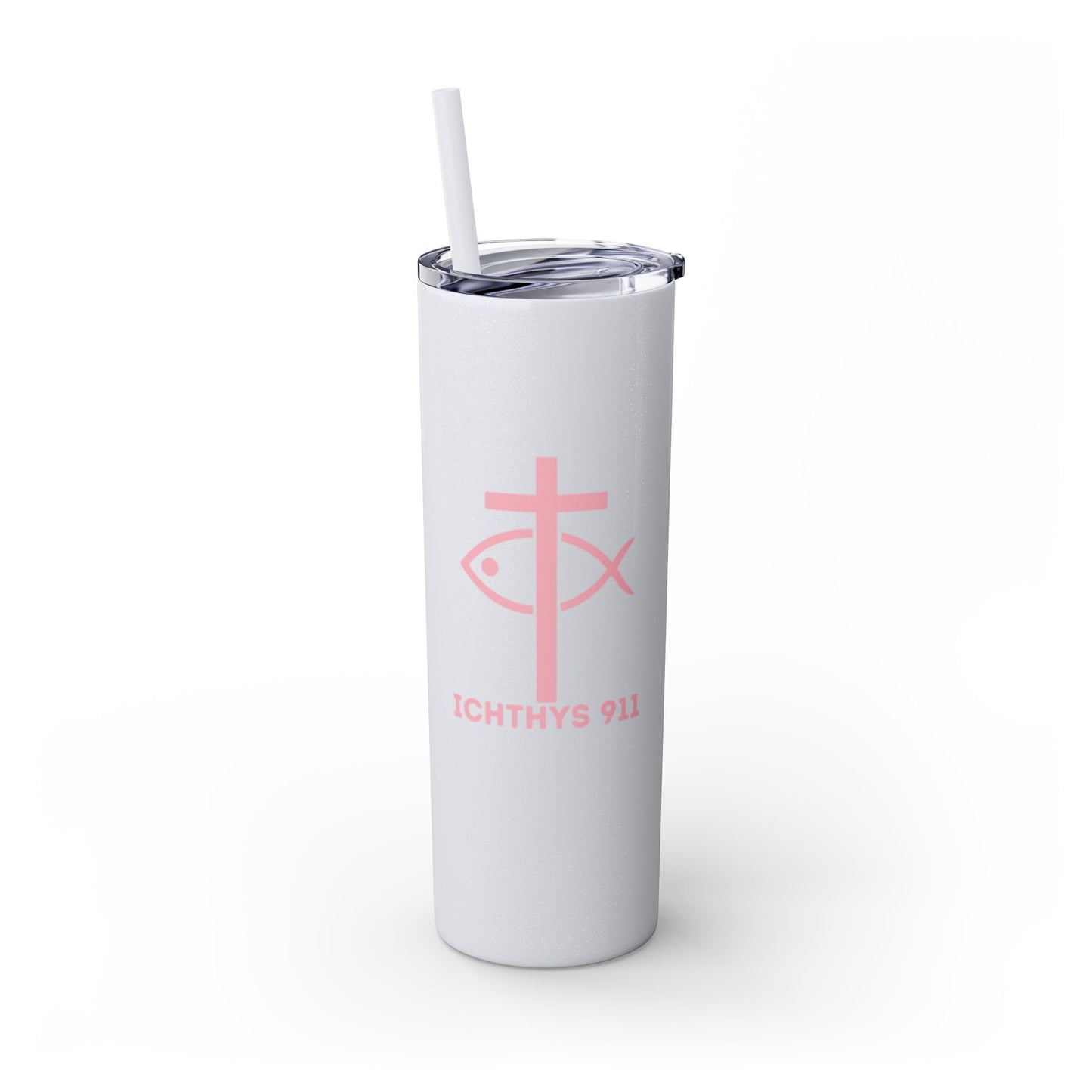 ICHTHYS 911 Pink & Blue Faith-Inspired Skinny Tumbler with Straw - 20oz Baby Shower Drip - Party Favor