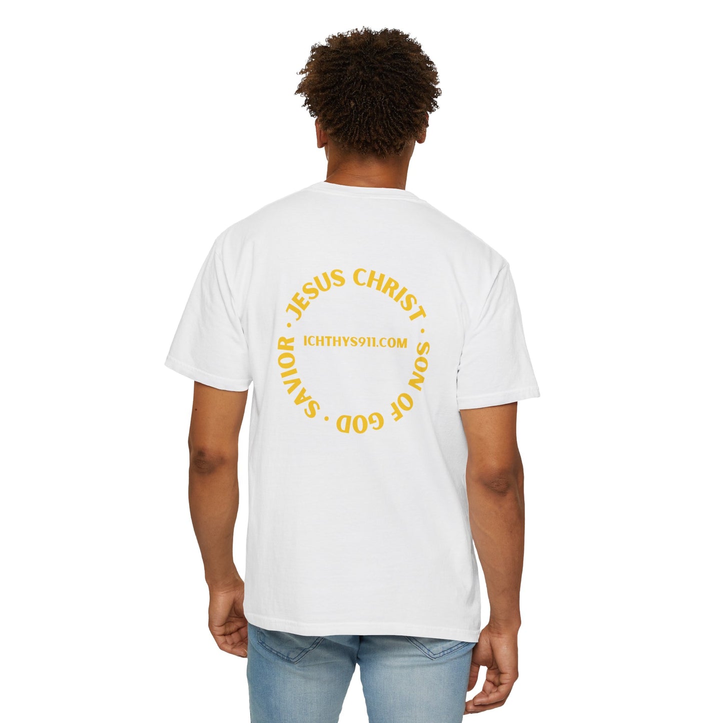 ICHTHYS 911 - "Jesus Christ Son of God Savior" - Gold Font - Unisex Garment Dyed T- Shirt - Men T-Shirt - Women T-Shirt - Christian Streetwear T-Shirt – Jesus Gym & Faith Fashion
