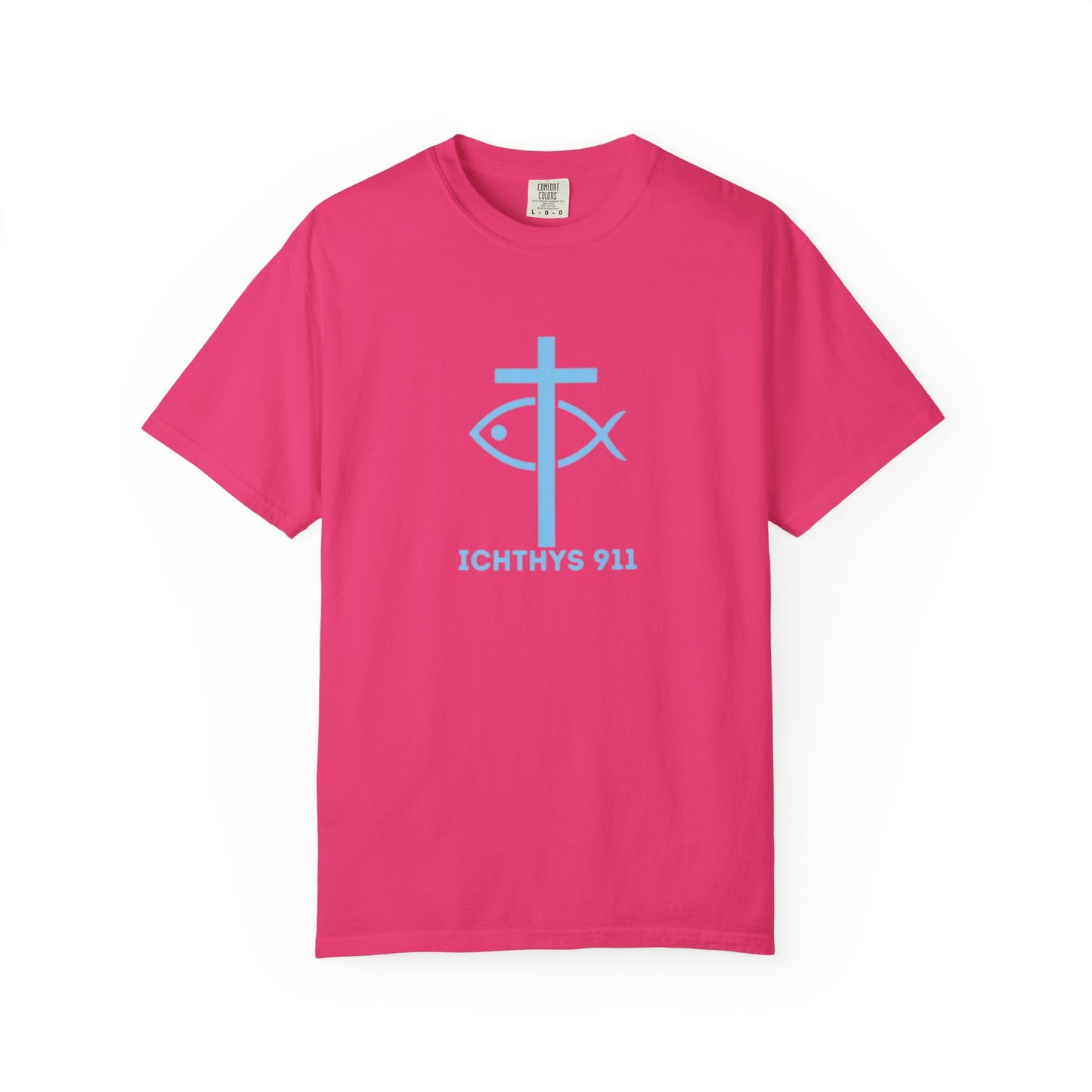 ICHTHYS 911 "Strength Through Christ Philippians 4:13" - Blue Font - Unisex Garment Dyed T- Shirt - 100% US Cotton -Men T-Shirt - Women T-Shirt- Christian Activewear - Wear Your Faith