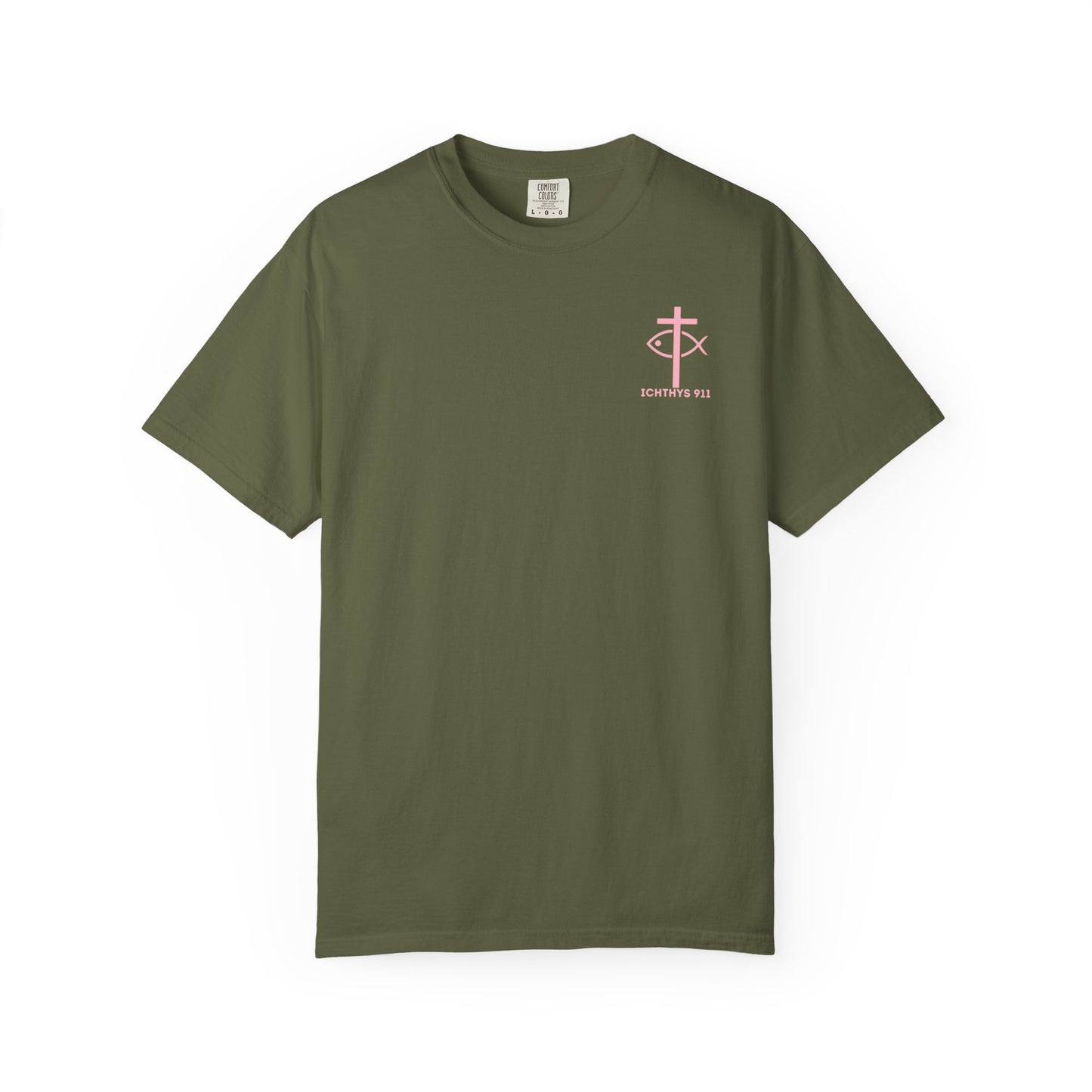 ICHTHYS 911 Pink Font "Badge Collection" - Unisex Garment Dyed T-Shirt 100% US Cotton - Christian Graphic Tee - Gym - T - Christian Faith - Jesus Wear - Women T-Shirt - Men T-Shirt - Garment Dyed