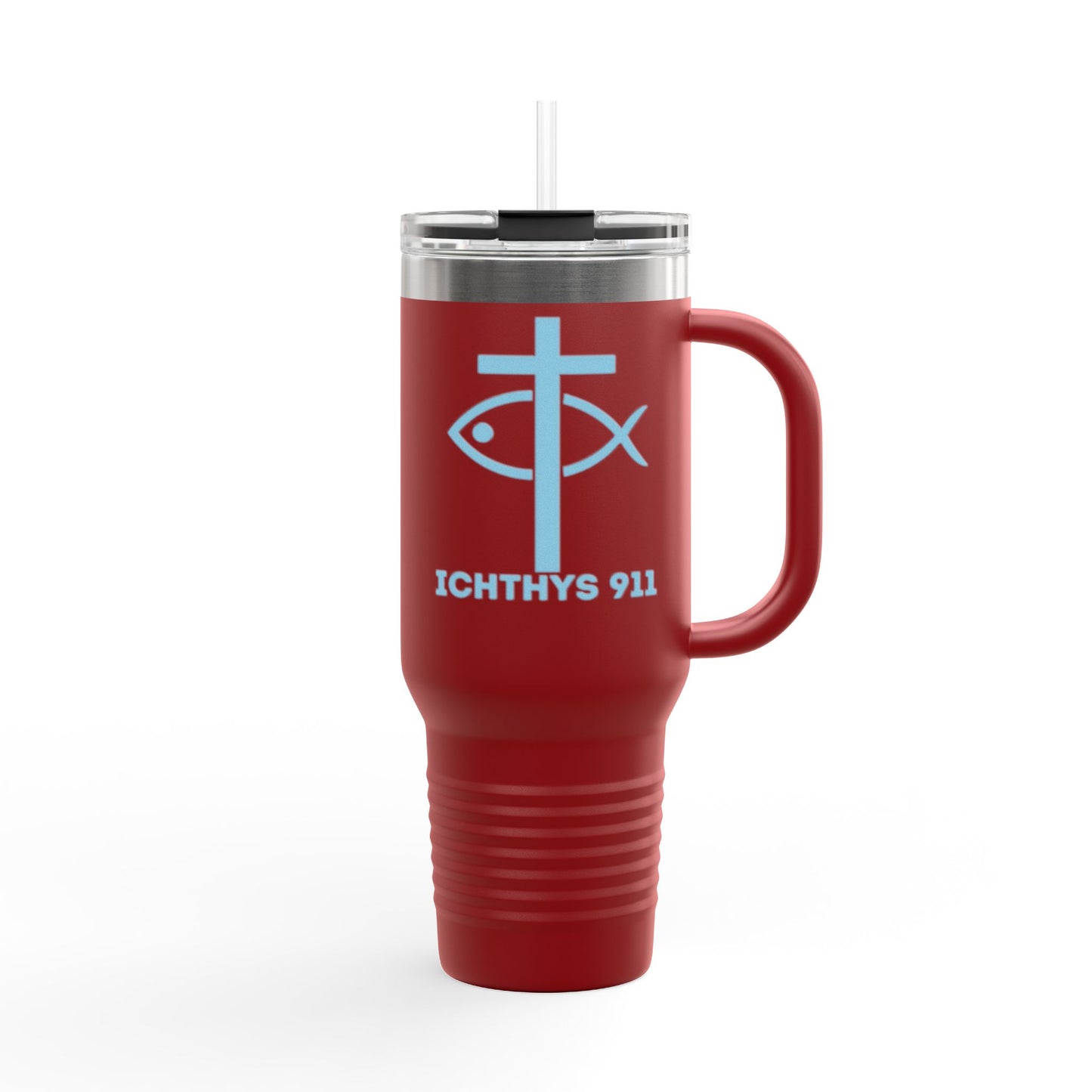 Faith-Inspired Insulated Travel Mug - 40oz with ICHTYS 911 Design