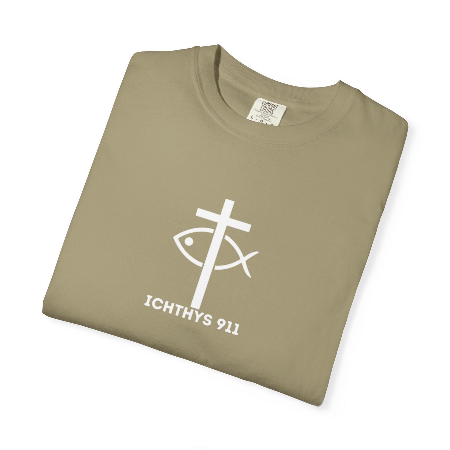 ICHTHYS 911 - 13th Disciple Collection - Christian Streetwear T-Shirt / Sweatshirt – Jesus Gym & Faith Fashion, Unisex Garment-Dyed T-Shirt White Font