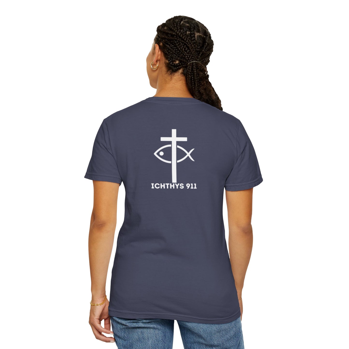 ICHTHYS 911 Badge Collection - White Font - Unisex  Garment Dyed T-Shirt - 100% US Cotton - Men T-Shirt - Women T-Shirt - Christian Graphic Tee - Gym - T - Christian Faith - Jesus Wear - White Font