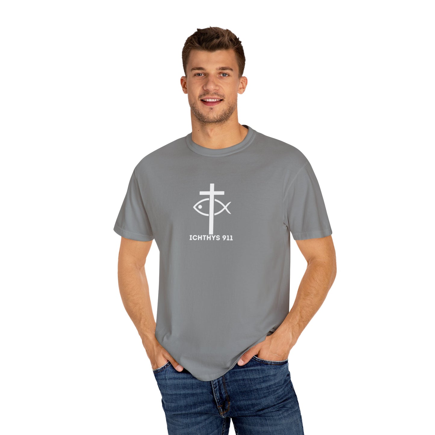 ICHTHYS 911 - 13th Disciple Collection - Christian Streetwear T-Shirt / Sweatshirt – Jesus Gym & Faith Fashion, Unisex Garment-Dyed T-Shirt White Font