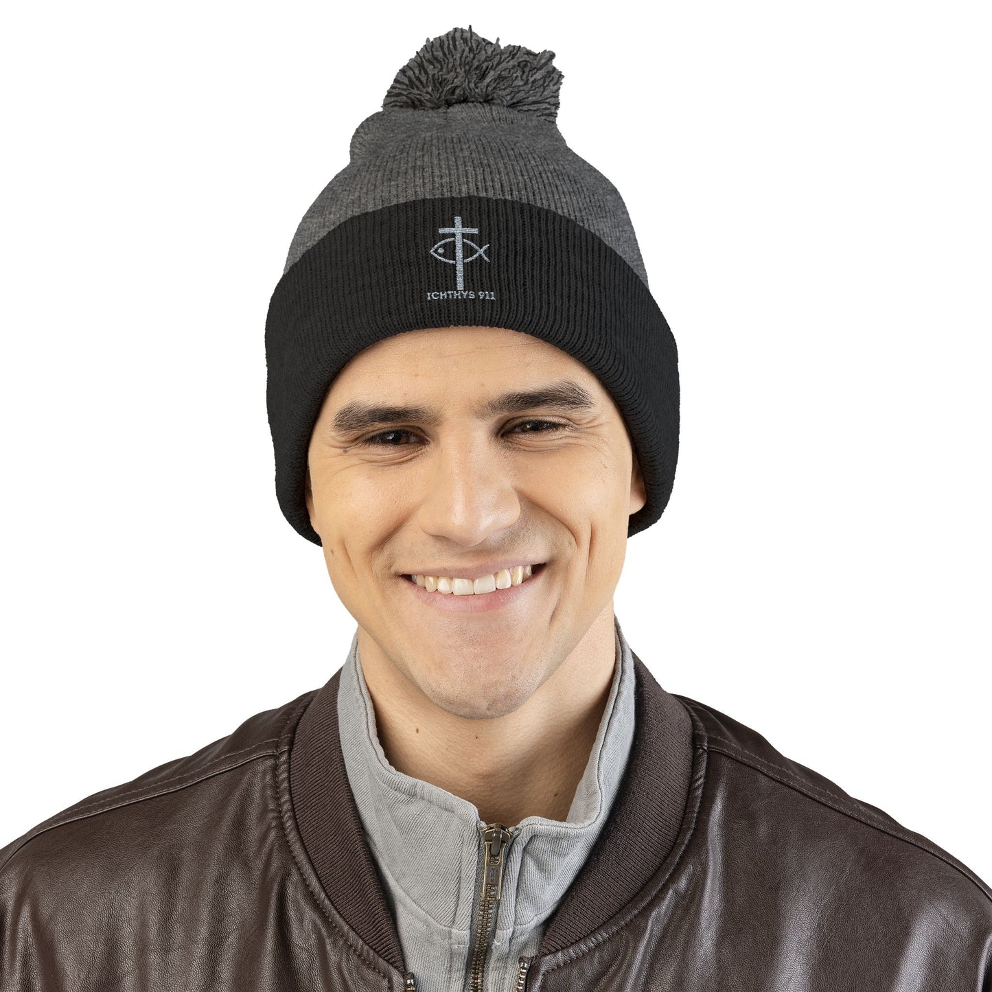 Cozy Pom-Pom Knit Cap | Winter Accessory with Embroidery - Christian Faith Wear - ICHTHYS 911 Design