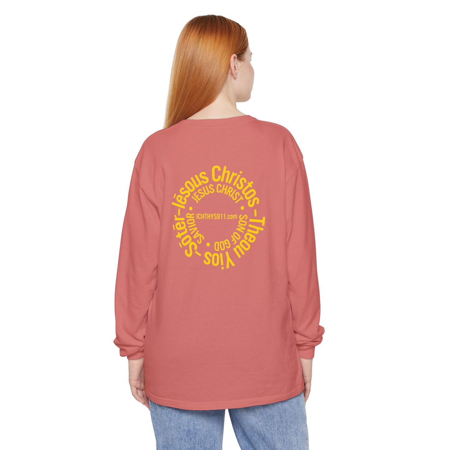 Authentic ICHTHYS 911 Collection -  Gold Font - Unisex Garment Dyed Long Sleeve T-Shirt - Men Long Sleeve - Women Long Sleeve - Christian Faith Symbol Tee - Faith Inspired