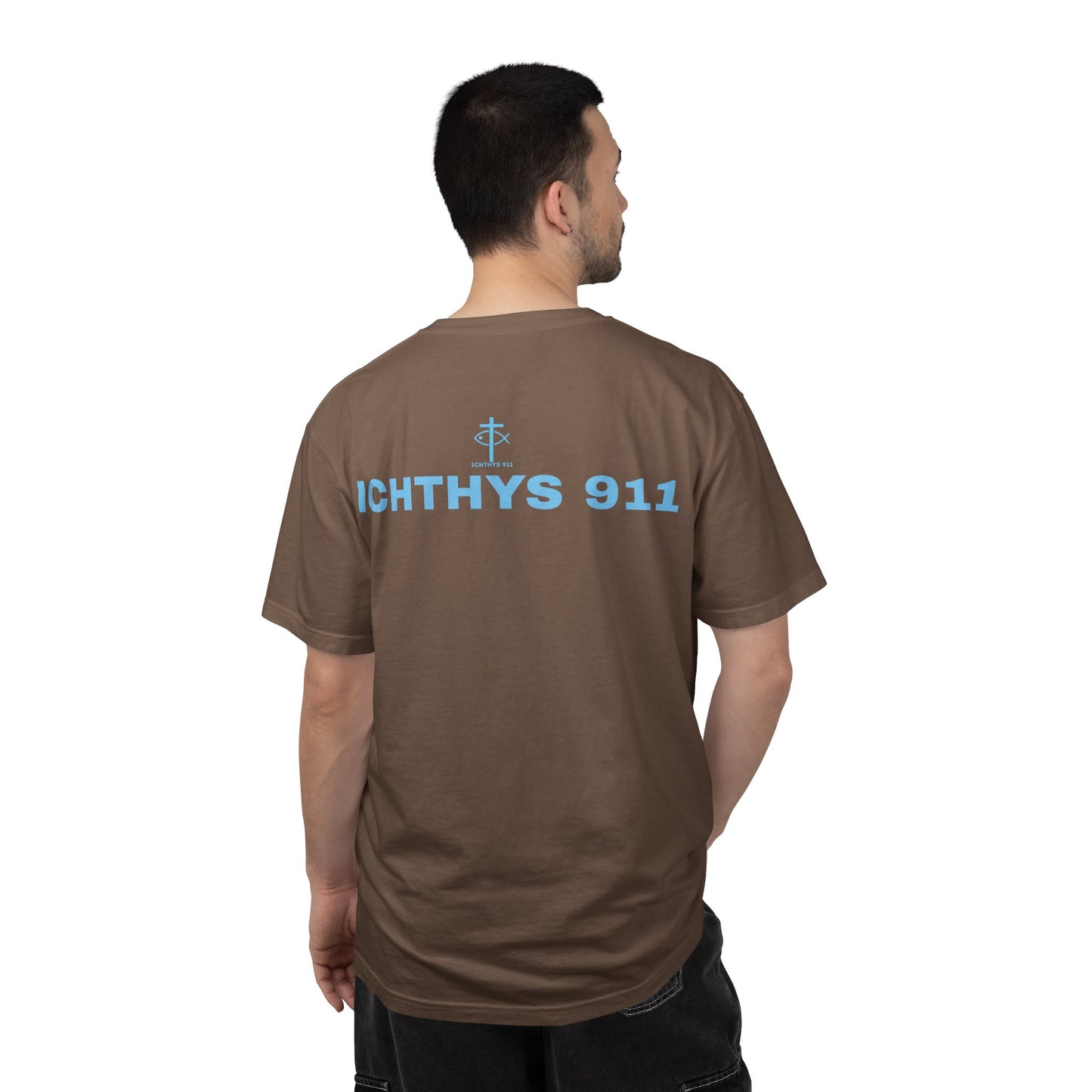 Authentic - Christian Streetwear T-Shirt – Jesus Gym & Faith Fashion, Unisex Garment-Dyed T-Shirt Blue Font - ICHTHYS 911