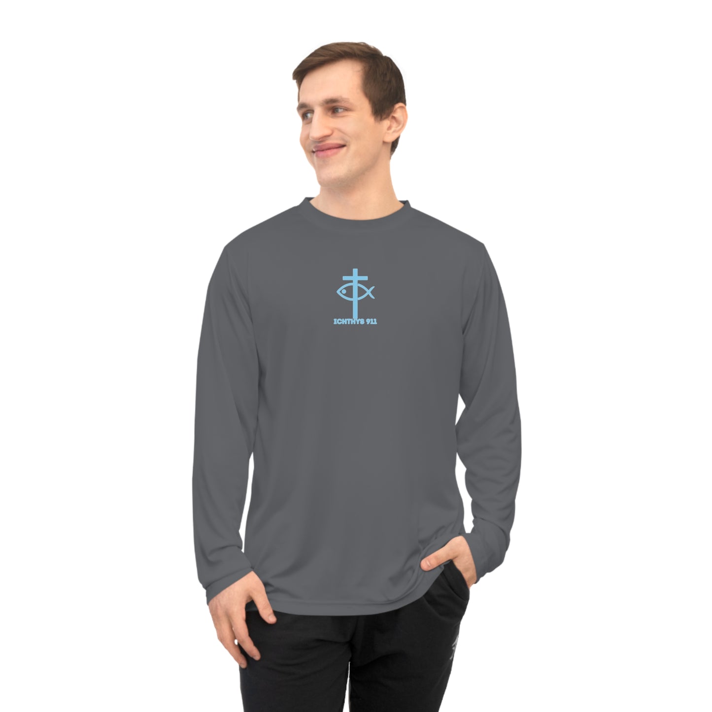 ICHTHYS 911 "Rise & Conquer Romans 8:38"  Unisex Performance Long Sleeve Shirt - Men - Women - 100% Moisture-Wicking Poly - Christian Activewear