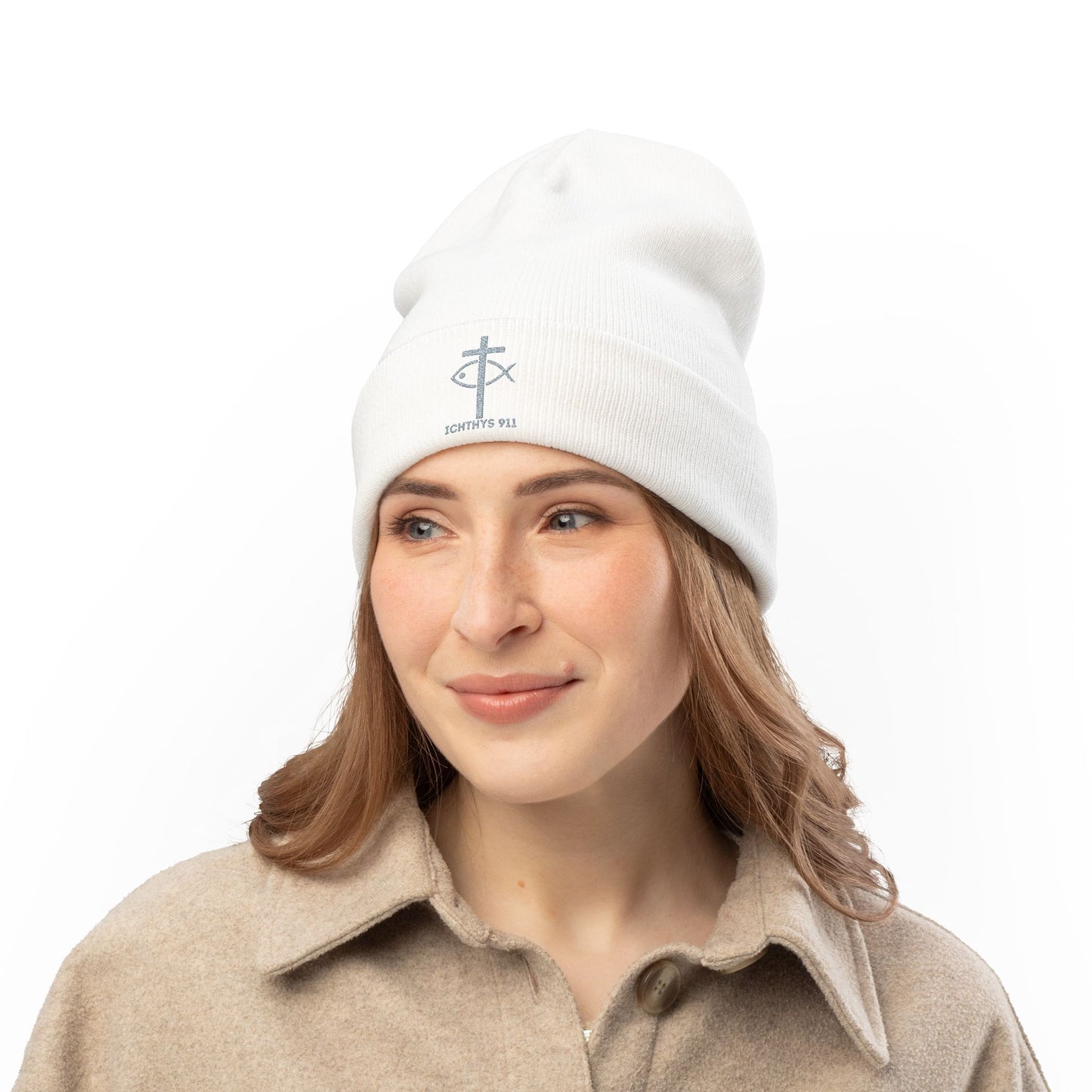 Chic and Cozy Knit Beanie with Custom Embroidery - Warm Winter Hat - Christian - Faith Based - ICHTHYS 911 Design