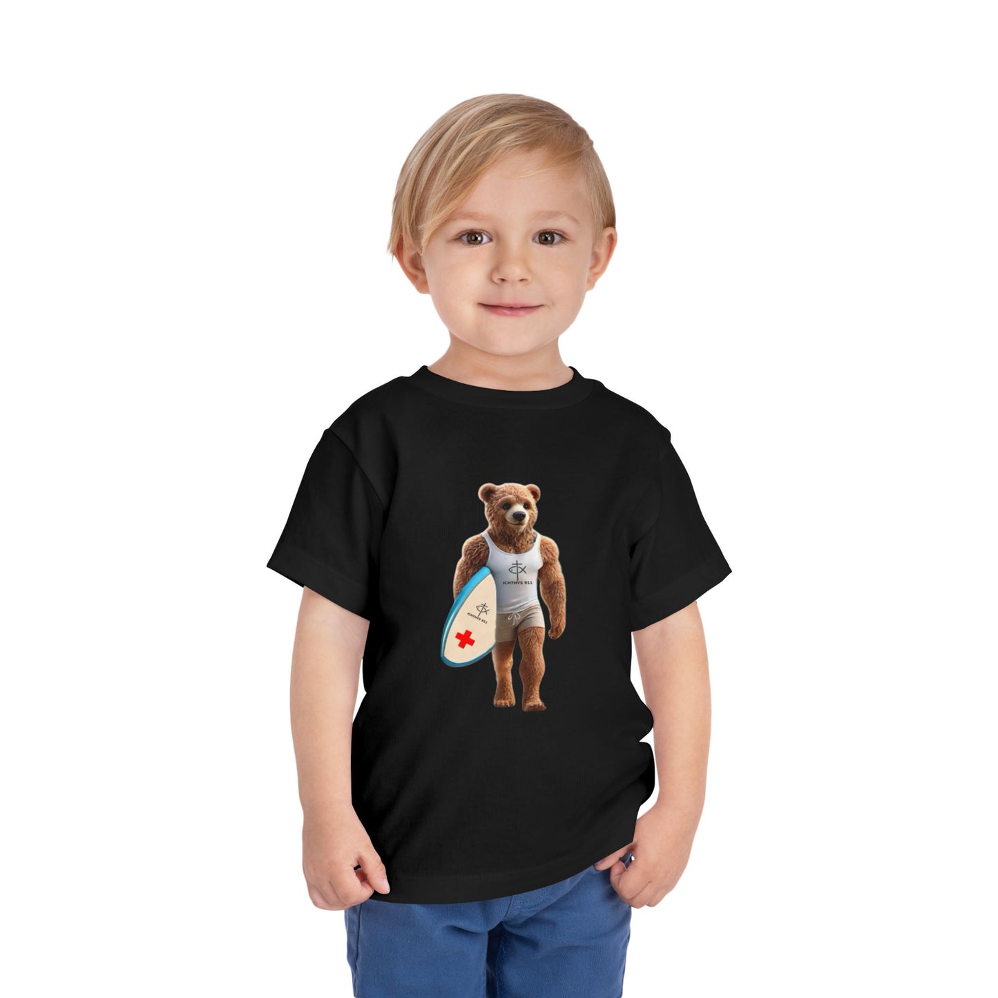 Surfing Bear Toddler Tee - Fun Kids Short Sleeve T-Shirt - ICHTYHS 911