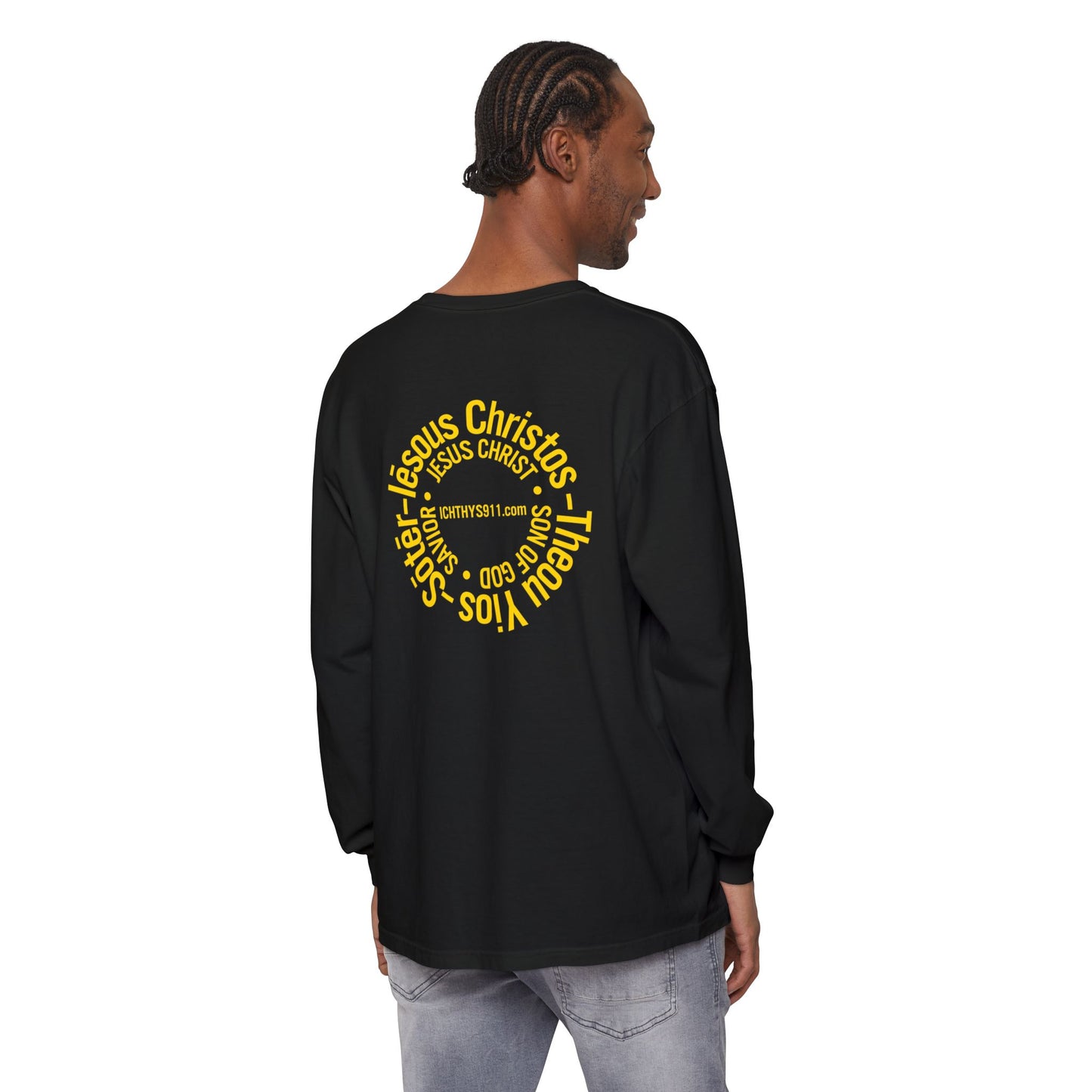 Authentic ICHTHYS 911 Collection -  Gold Font - Unisex Garment Dyed Long Sleeve T-Shirt - Men Long Sleeve - Women Long Sleeve - Christian Faith Symbol Tee - Faith Inspired