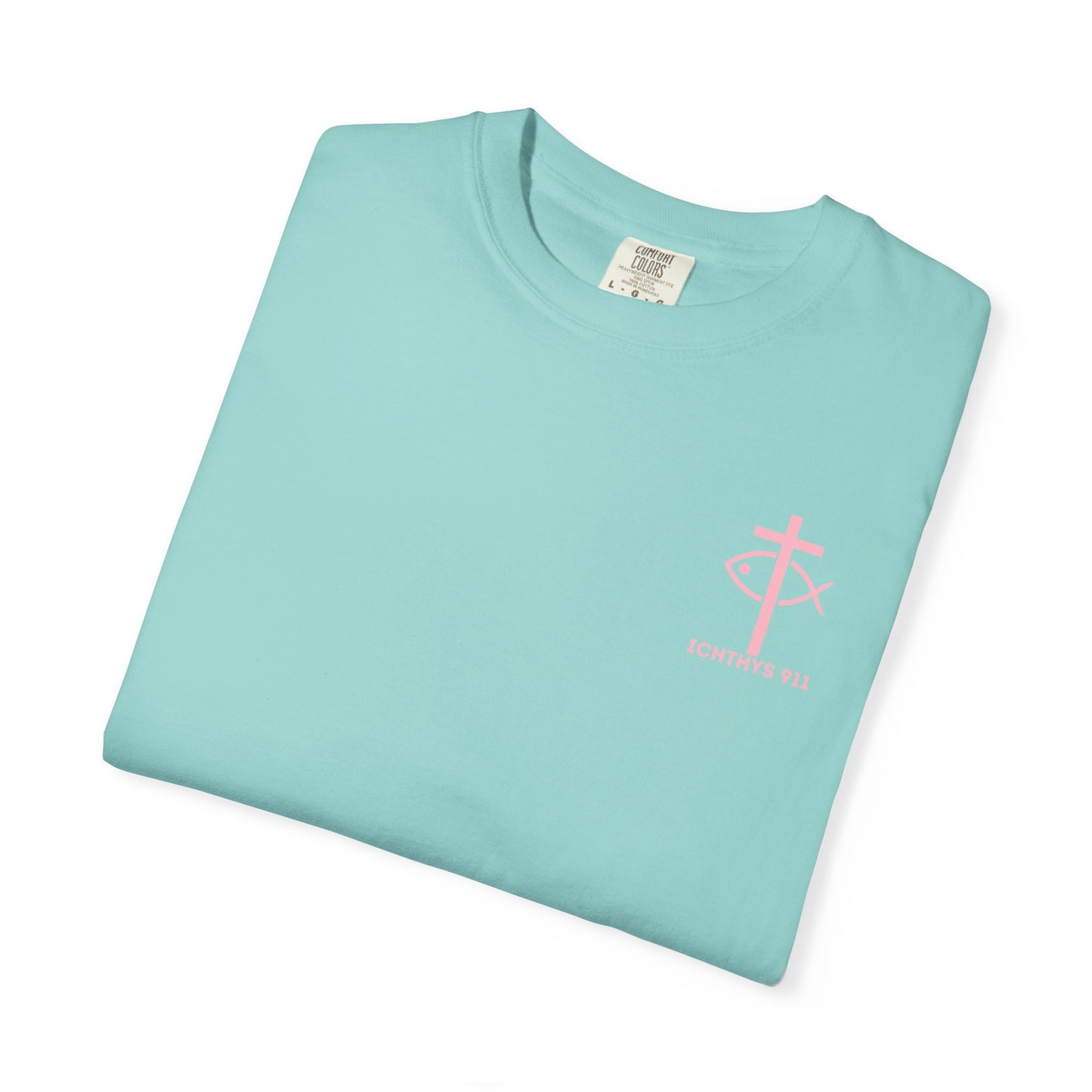ICHTHYS 911 Pink Font "Badge Collection" - Unisex Garment Dyed T-Shirt 100% US Cotton - Christian Graphic Tee - Gym - T - Christian Faith - Jesus Wear - Women T-Shirt - Men T-Shirt - Garment Dyed